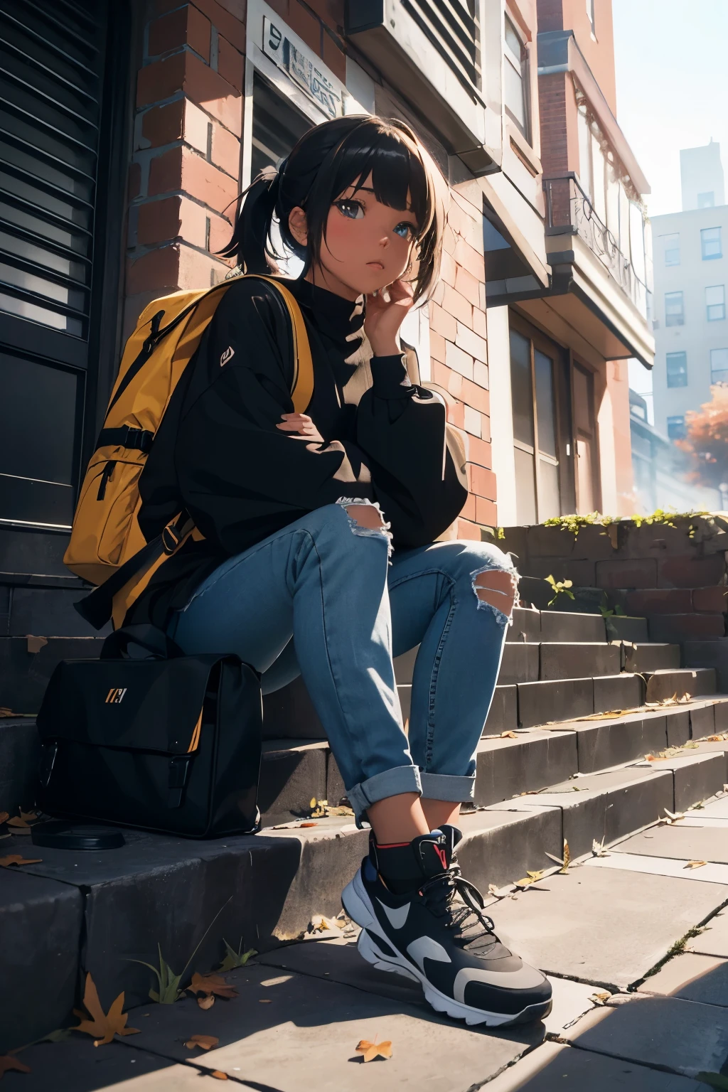 a woman sitting on a set of steps, her backpack resting beside her, the autumn sun casting long shadows on the pavement behind her; in the comics world, this scene could be brought to life by the masterful hands of various artists:

* Martin Ansin's intricate lines and textures in (masutepiece: 1.3) could capture every crease in her jeans and the worn-out patch on her backpack, Max resolution: 1.2 for Ultra HDTV enhancing the vivid colors in the scene,
* Poseka Demizu's cinematric light and 8K resolution would intimately depict her facial expressions and the play of light on her