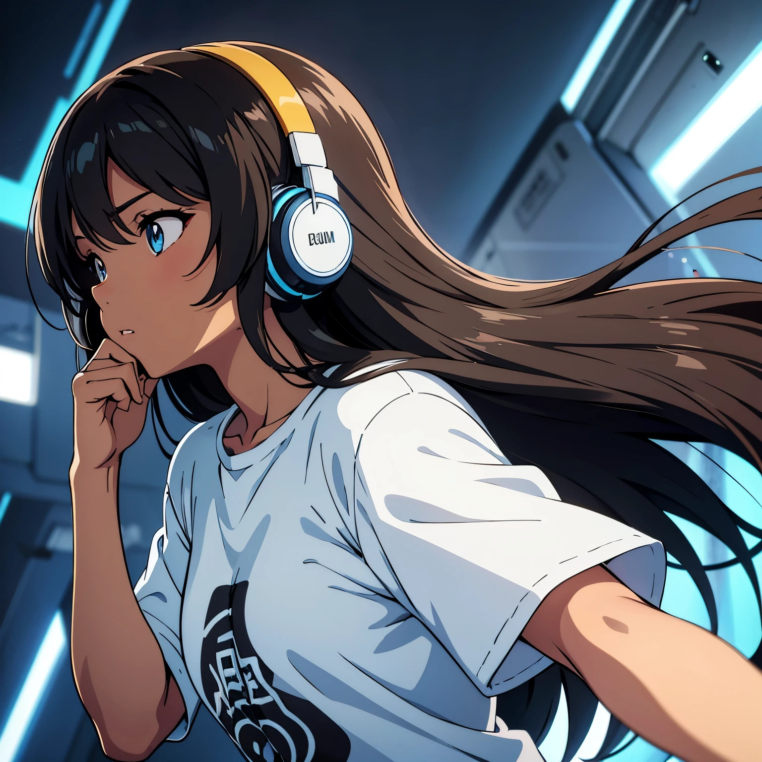 brown girl, anime girl, girl, brown skin, dark skin, very light blue eyes, c Long hair, straight hair, black hair, dynamic expression, headphones, Dynamic position, gray t-shirt, focus on face, anime profile picture, beautiful profile picture