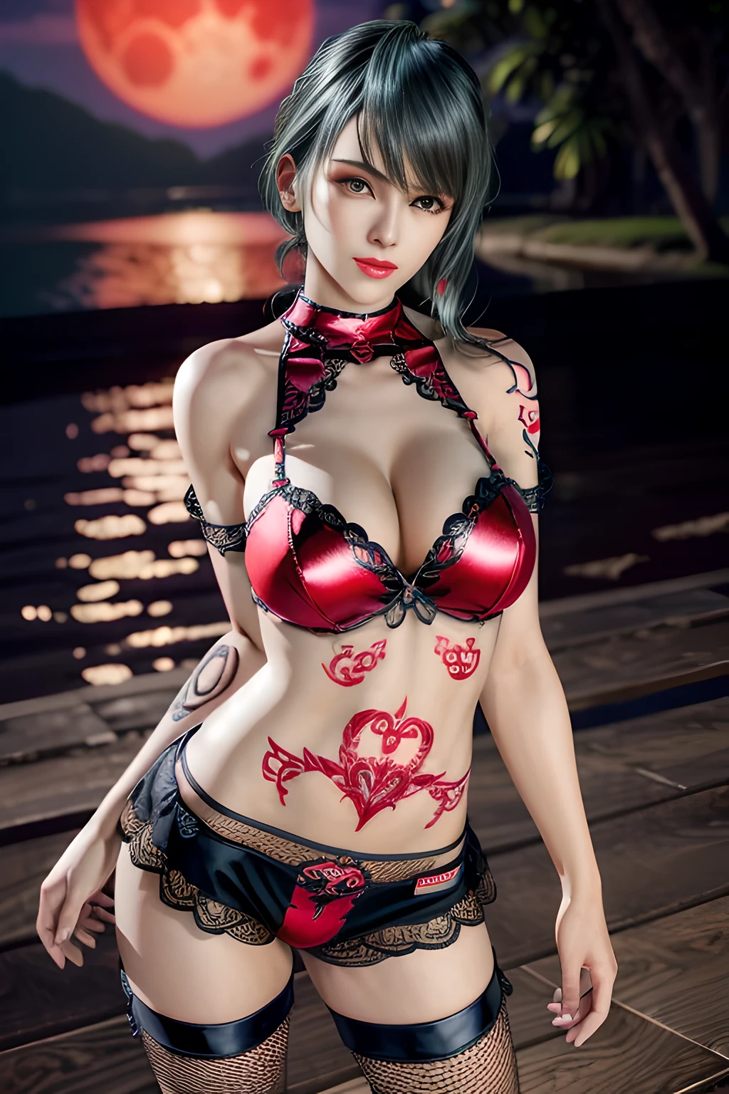 1 girl,standing posture,halter neck, bare shoulders, pantyhose, bodysuit,( see-through:1.2),lingerie, fishnets, nighttime,RED moon,( huge breasts),cleavage,shiny skin, red lips,( tattoos:1.2), masterpiece, best quality, realistic ,Rich artistic colors, 8K,Portrait art,solo, tamaki