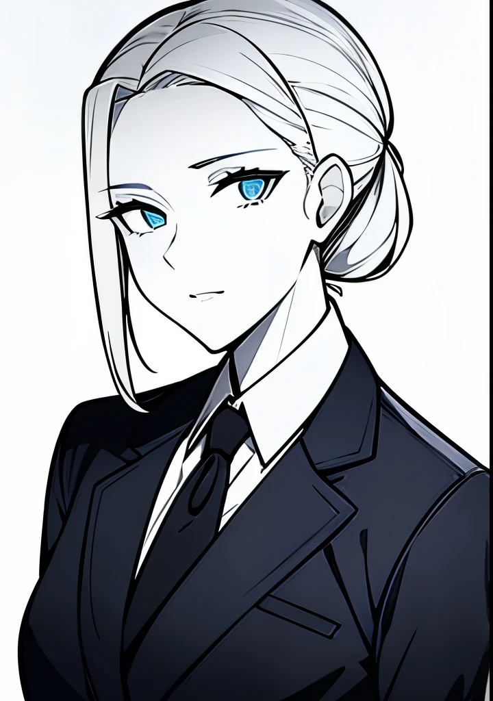 One Young Adult female, white and tender skin, pale blonde slicked back into a short ponytail, steel blue eyes, light and carefree expression, wearing black suit jacket and tie, portrait style, facing forwards