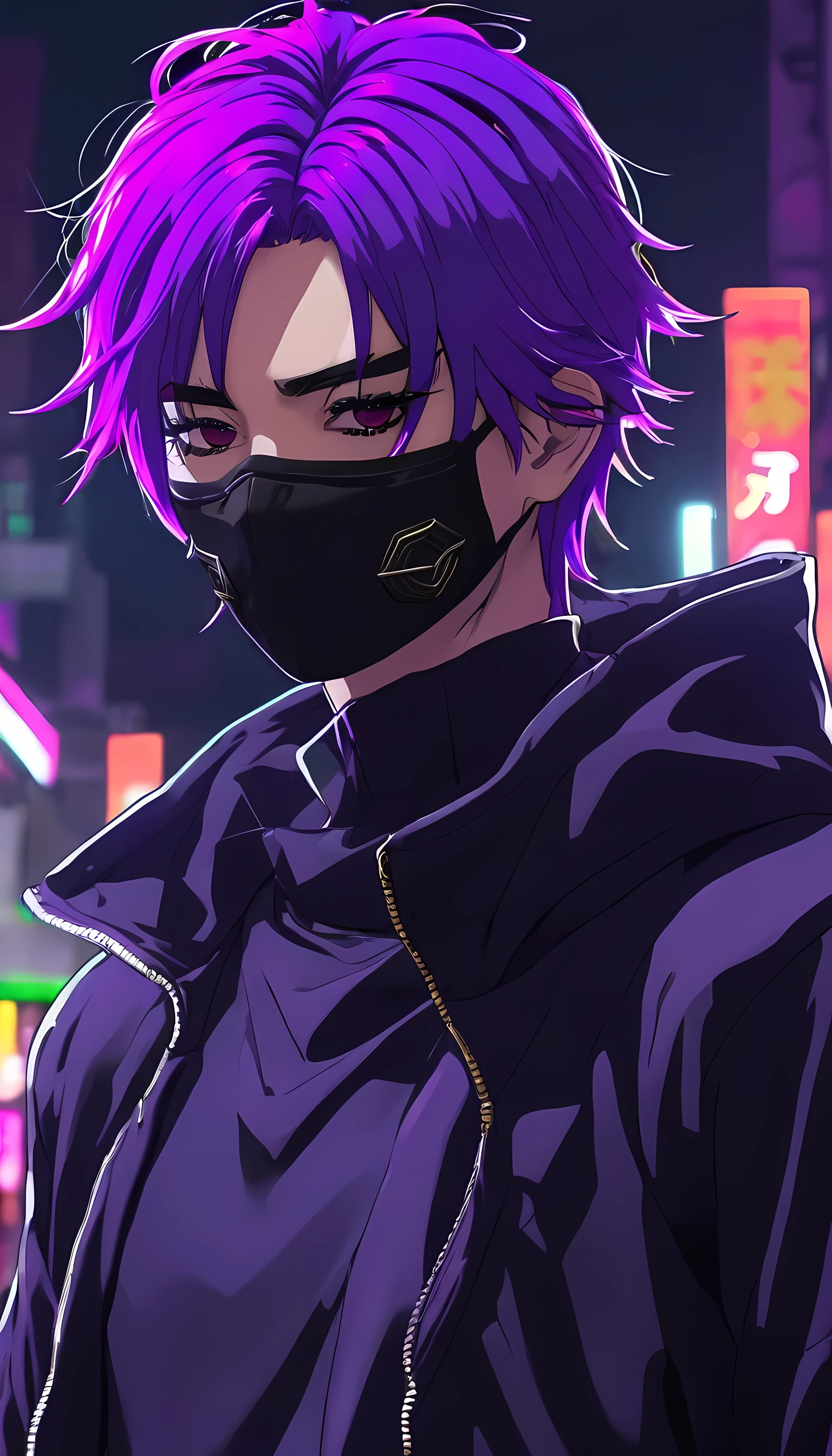 male character, purple hair, neon purple, WMASK, A step, anime, dark