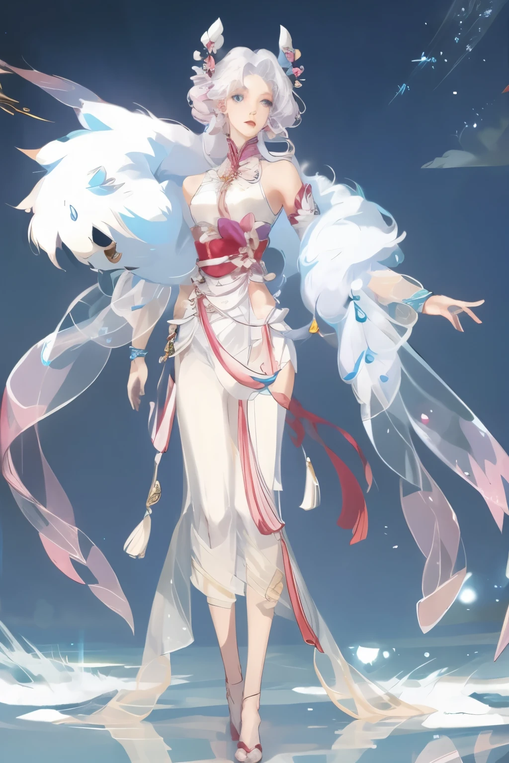Masterpiece, a beautiful void goddess, full body white transparent clothes standing under empty night stars, disappearing transparent pants, full body standing, tall figure, slender legs, facial details, detailed body part details, 8k wallpaper