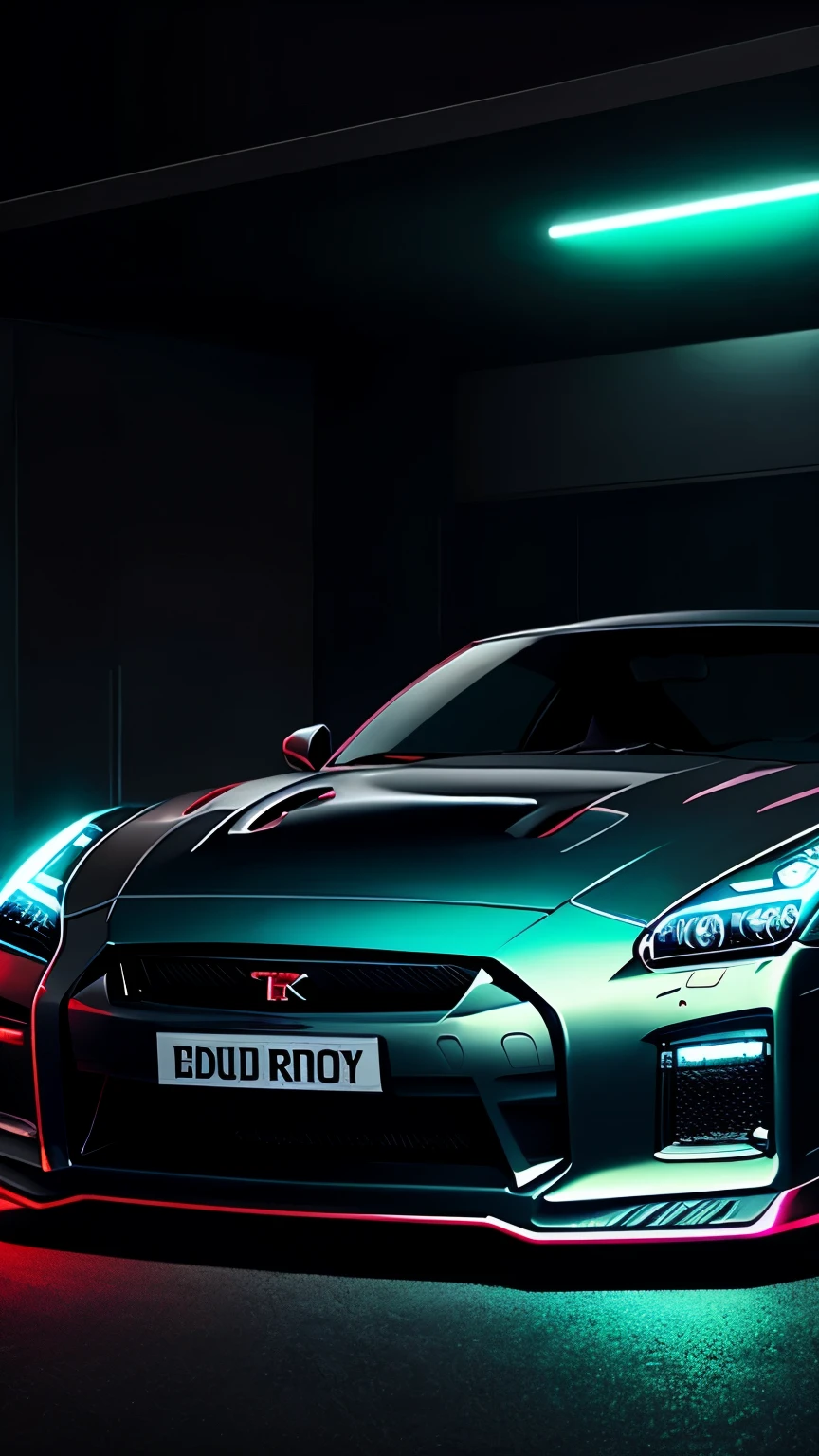 um gtr , preto com dourado com neon preto , com uma estada e o ceu estrelado