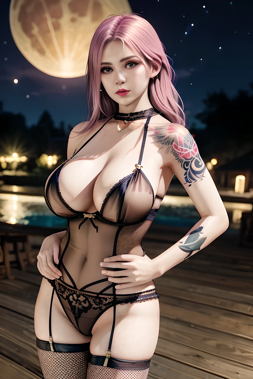 1 girl,standing posture,((halter neck, bare shoulders, pantyhose, bodysuit, see-through,lingerie, fishnets)), outdoor,elegant,nighttime,moonlighe,shiny skin,( huge breasts), red lips,( tattoos:1.3), masterpiece, best quality, realistic ,Rich artistic colors, 8K,soft shadows,Portrait art,solo, elise,