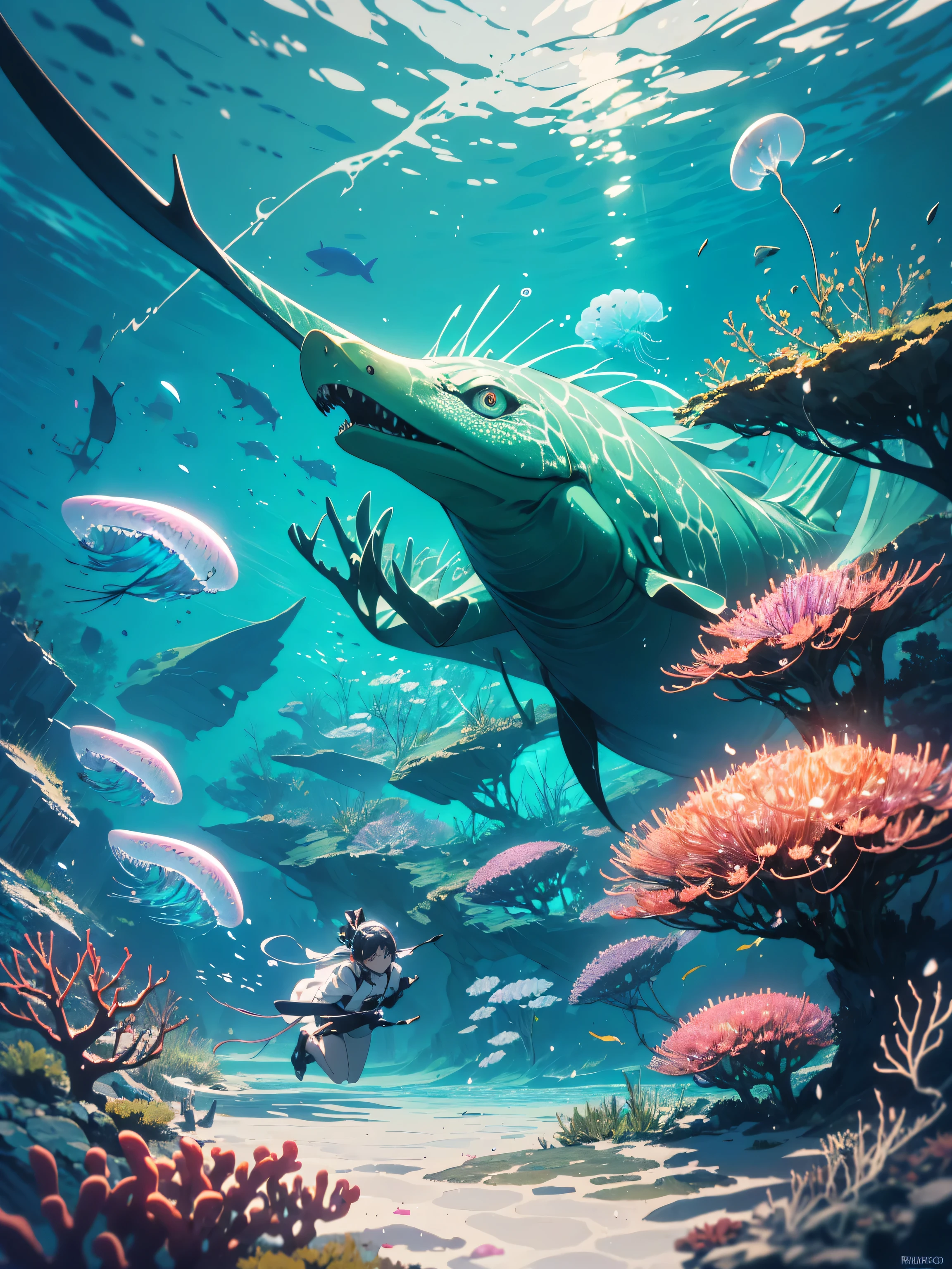 masterpiece, highest quality, (very detailed 、 8k wallpaper), (highest quality), (best illustration), (best shadow), ((girl swimming underwater:1.4))、Marine theme with natural elements. tall mangrove, rich marine plants, Luminous jellyfish, surrounded by schools of fish, 光るparticle effects,, (marine plants), (sea theme), ((luminescent algae)), (coral), ((Luminous jellyfish )), ((Creatures that glow in seawater)), ((seafire)), (((particle effects))), isometric , octane rendering, ray tracing, Super detailed、(beautiful anime)