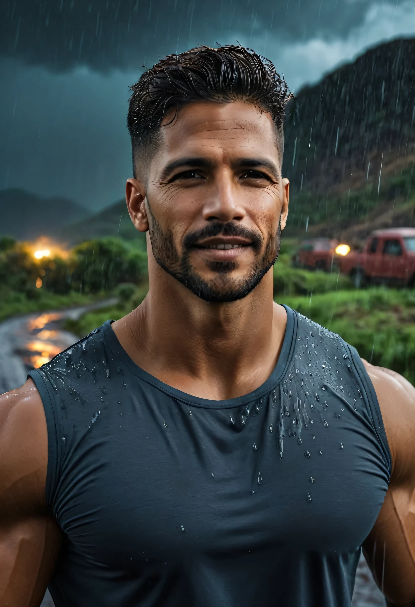 realista:1.3,( fotorrealista, 8K, Fotos CRUDAS, Calidad premium, obra maestra, epic lighting. de cerca, Imagen centrada), (primer plano),((1 hombre hermoso sonrrisa hermosa, well-formed and self-confident muscles, post apocalyptic, guerrero, Rostro y cuerpo perfectoamente detallados, (primer plano), escenario lluvioso, poor lighting due to rain,(( rostro y cuerpo mojados por la lluvia:1.5)),lightning lighting, dynamic pose, cabello hermoso y detallado, ropa de cuero)), ((Imaginativo scene)),((perfecto, meticulosamente detallado.:1.3)), ((tiro completo: 1.4)), ((Mejor calidad )), ((obra maestra)), 3d, (Hiper detallado: 1.3), ((epic landscape: 1.3)), ((noche background: 1.3 ))), (((noche:1.2))), ( Fotorrealista: 1.4), ((frontal camera)),( (Low-light noche cinematic lighting: 1.2)). 32