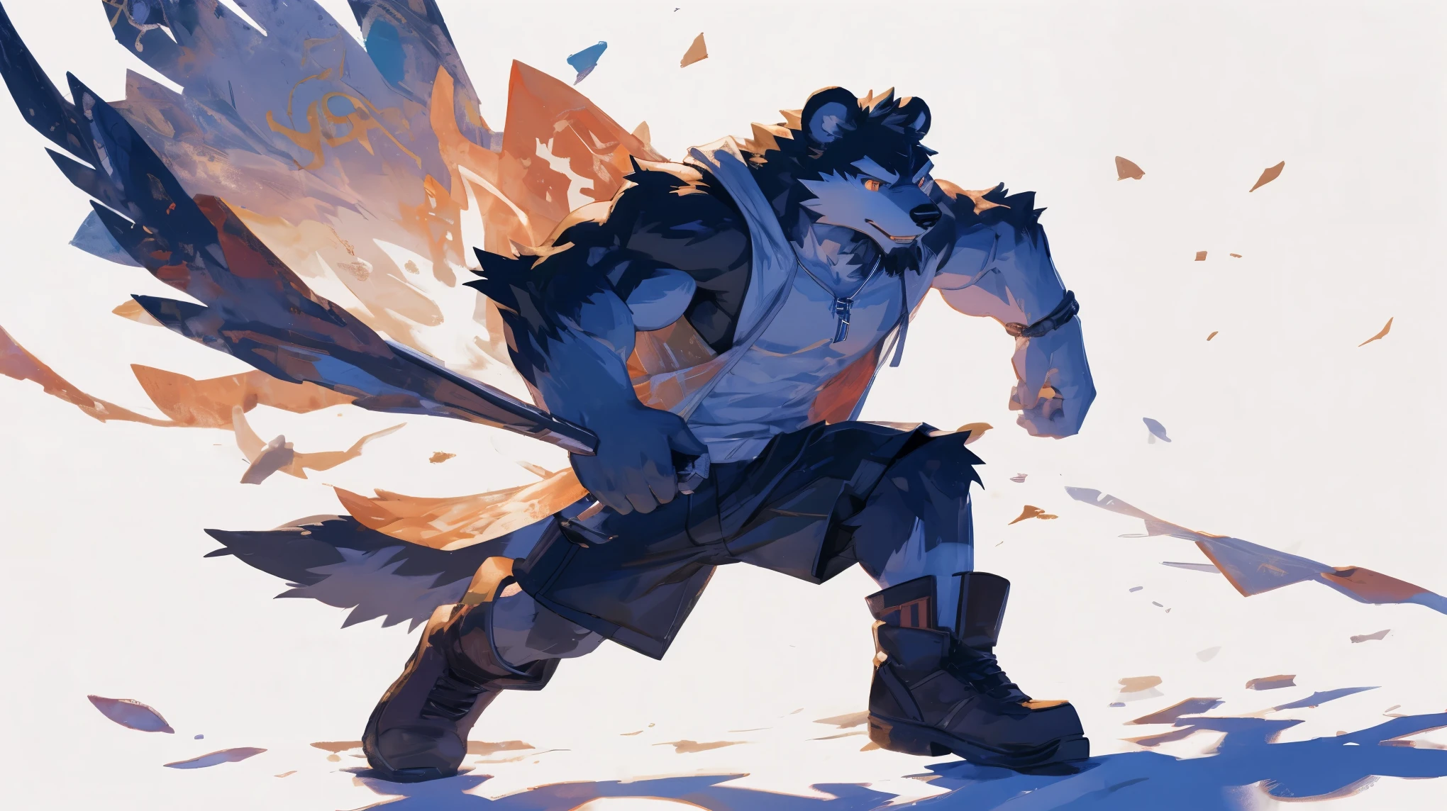 (masterpiece:1.2), best quality,pixiv,official art,perfect anatomy, (Ray tracing, light),solo, (1_male:1.3) , (muscle), (dark fur:1.4), (dynamic poses:1.6), (ultra deTailed), sharp focus, Negi, eyes, (glowing cyan eyes), hairy, (Gray fur:1.4),(muscle bear), (beard:1.2), Tail, Thick eyebrows,open hoodie, naked inside, cargo shorts, boots, ultra deTailed face, high deTails, high quality, (best quality,4K,8K,high resolution,masterpiece:1.2),bright colors, jumping , reach hand, (white background:1.3), (light flow:1.3)