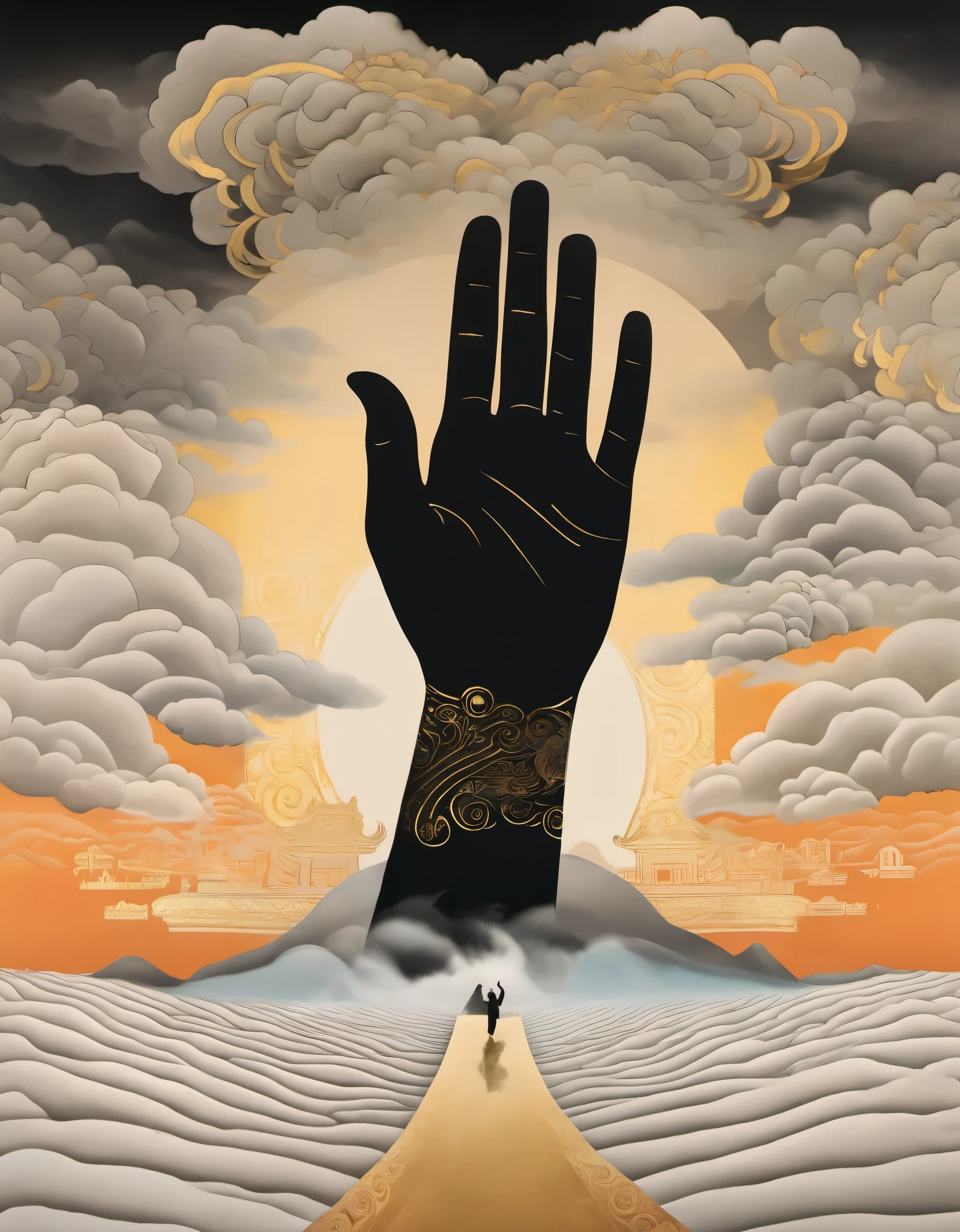 (giant black hand with gold trim reaching vertically down from the clouds), Dunhuang frescoes in the background, minimalism, line art, from front and center to ghostly smoke, transition from solid to ghostly, wise and powerful yet calm, rich in detail, psychedelic, dreamy, theatrical, ancient Chinese style, painting style, ink painting, fantasy, surreal, ethereal