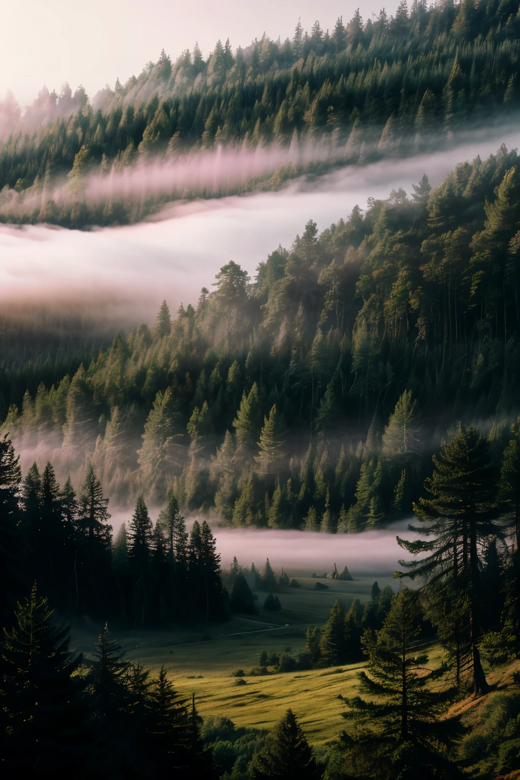 a deep forest in the morning light, fog, moody, (nature:1.21), landscape, scenery