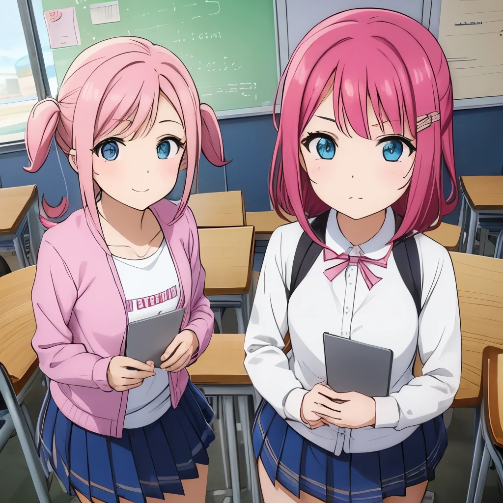2 gadis kembar rambut pink dan remaja background in classroom, 1.1,2girl, sedang berdiri berdua, umur 17 tahun tinggi,full body