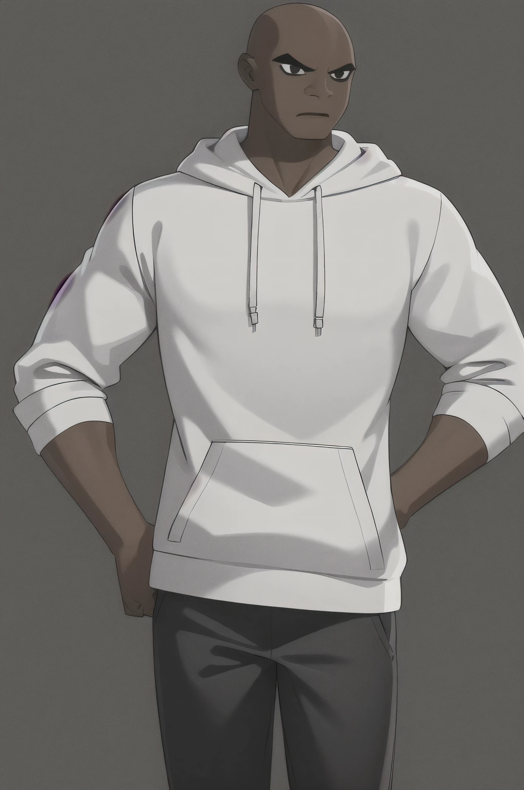 masterpiece, best quality, 1boy, victorhuman, 1boy, dark skin, hoodie, grey pants, black eyes, dark skin, bald, hands on hips, solo, solid grey background