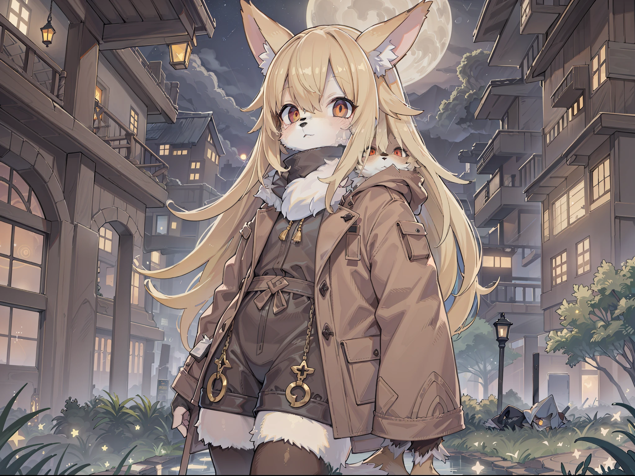 Shota the fox,hairy pubic,shaggy,Skin fur,Golden fur,Golden yellow face fur,Short straight blonde hair,Eyes have light,Red eyes,Brown elements on fur,Brown coat brown hood up,Star pattern white top,brown shorts,Beautiful lights and shadows,Ambient light,Ultra-fine fur,volumettic light,natural lightting,Fluffy tail,Dilapidated building,Plant elements in ruins,lichen,There is no other life,Night,starrysky,Vast landscape,crossed bangs, Hairline, Shiny hair, lone nape hair, ,Dilated pupils,Sleepy,(moon full:1.2),(meteors:0.9),(Starcloud:1.3)(Warm light source:1.2),Rained,wetclothes, (overcast sky, Standing downpour:1.1), Extra-long sleeves, Purple and orange,Complicated details,Volumetriclighting,Realist breakthrough(tmasterpiece:1.2)(best qualtiy),4K,Ultra-delicate,(Dynamic configuration:1.4),Highly detailed and colorful details,(Irridescent color :1.2),(luminouslighting,Atmospheric lighting),dream magical,magic,(solo:1.2)Glowing light,Empty eyes