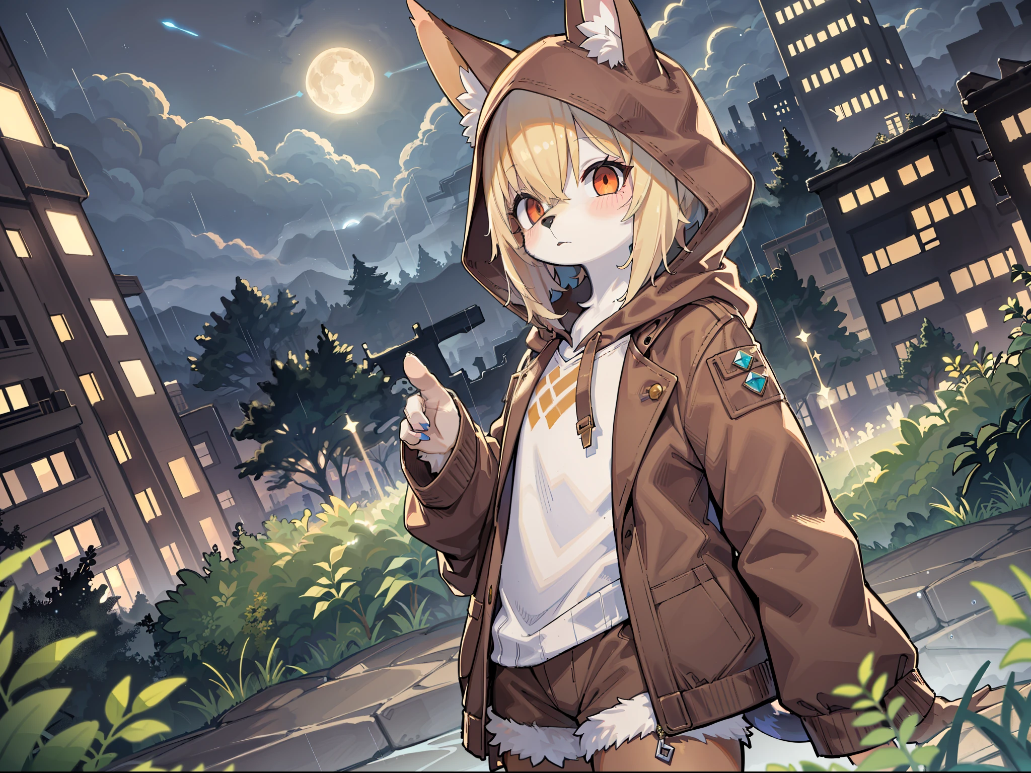 Shota the fox,hairy pubic,shaggy,Skin fur,Golden fur,Golden yellow face fur,Short straight blonde hair,Eyes have light,Red eyes,Brown elements on fur,Brown coat brown hood up,Star pattern white top,brown shorts,Beautiful lights and shadows,Ambient light,Ultra-fine fur,volumettic light,natural lightting,Fluffy tail,Dilapidated building,Plant elements in ruins,lichen,There is no other life,Night,starrysky,Vast landscape,crossed bangs, Hairline, Shiny hair, lone nape hair, ,Dilated pupils,Sleepy,(moon full:1.2),(meteors:0.9),(Starcloud:1.3)(Warm light source:1.2),Rained,wetclothes, (overcast sky, Standing downpour:1.1), Extra-long sleeves, Purple and orange,Complicated details,Volumetriclighting,Realist breakthrough(tmasterpiece:1.2)(best qualtiy),4K,Ultra-delicate,(Dynamic configuration:1.4),Highly detailed and colorful details,(Irridescent color :1.2),(luminouslighting,Atmospheric lighting),dream magical,magic,(solo:1.2)Glowing light,Empty eyes