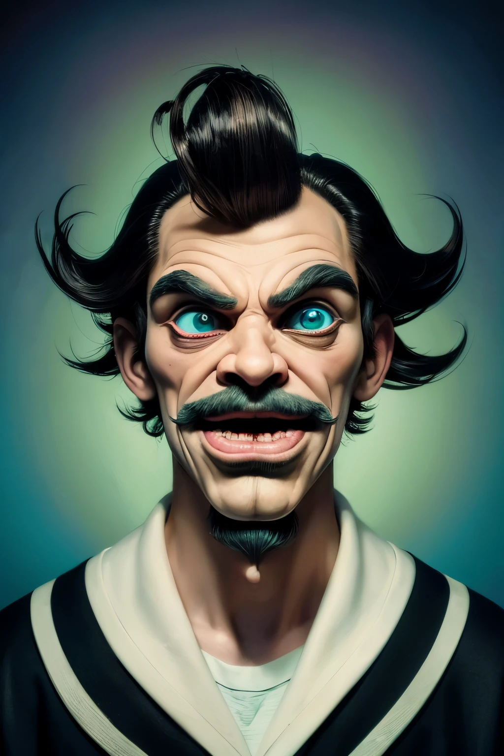 (Masterpiece, top quality, best quality, official art, beautiful and aesthetic: 1.1), (One man with a strange face and a strange creature), Pop Surrealism Art, Lowbrow Style, Art Lowbrow, Lowbrow Surrealism, Surréalisme Pop Lowbrow, Surreal Digital Artwork, Inspiré par Aaron Jasinski, Inspiré par Brian Despain, Very Detailed Mark Ryden, (Painted in a fantastique scientifique style),
The man's face was a curious blend of human and otherworldly features, with elongated limbs, bulging eyes, and a gaping mouth filled with razor-