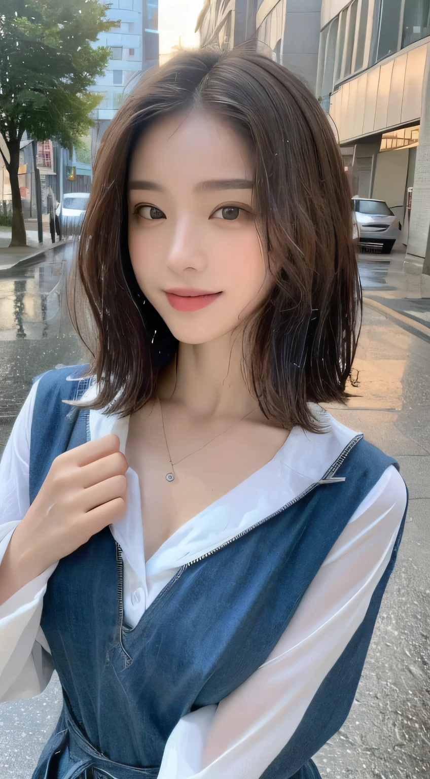 ((Best Quality, 8K, Masterpiece:1.3)), Focus: 1.2, Perfect Body Beauty: 1.4, Buttocks: 1.2, ((Layered Haircut, Breasts: 1.2)), (Wet Clothes: 1.1), (Rain, Street:1.3), Bandeau Dress: 1.1, Highly Detailed Face and Skin Texture, Fine Eyes, Double Eyelids, Whitening Skin, Long Hair, (Shut Up: 1.3), Smile