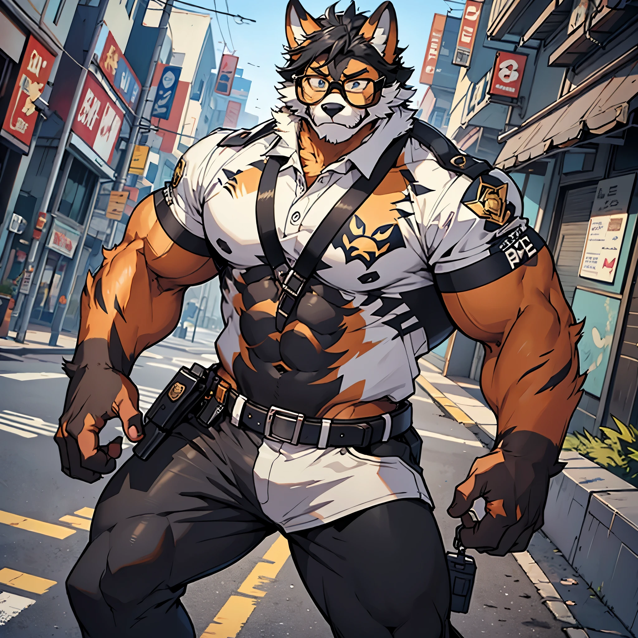 highres, paid reward available, unparalleled masterpiece, street(highly detailed beautiful face and eyes)absurdres, perfect anatomy, good lighting, volumetric lighting, cinematic shadow(angelic handsome 1boy, kemono, solo focus, single, muscle man, beard, dignified, Laugh wildly, glasses)(furry anthro:1.7)(Furry body, dog facial features, dog body features)(very detailed body fur)dynamic pose, ((police officer, black police uniform))muscle, facial hair, shirt,