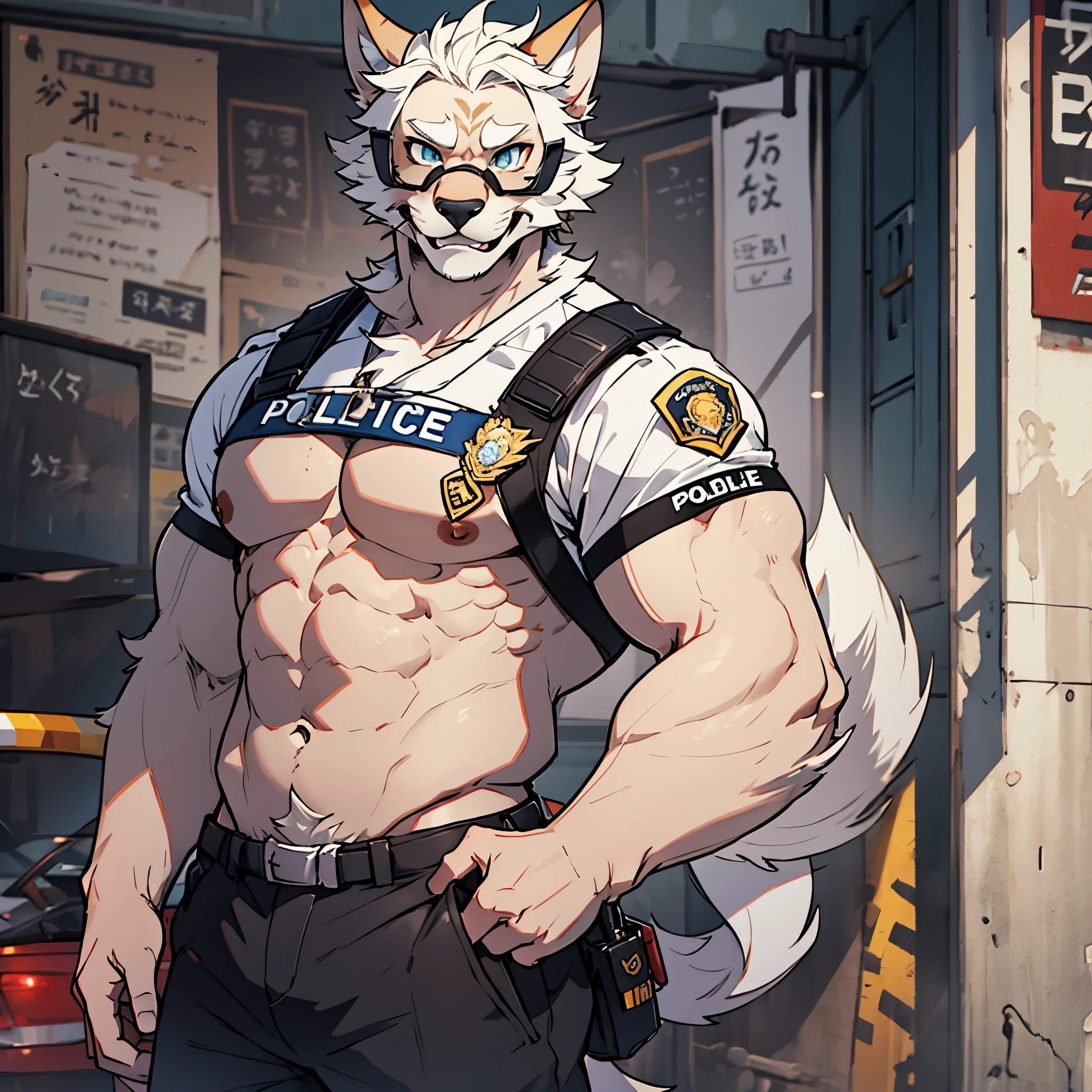 highres, paid reward available, unparalleled masterpiece, street(highly detailed beautiful face and eyes)absurdres, perfect anatomy, good lighting, volumetric lighting, cinematic shadow(angelic handsome 1boy, kemono, solo focus, single, muscle man, beard, dignified, Laugh wildly, glasses)(furry anthro:1.7)(Furry body, dog facial features, dog body features)(very detailed body fur)dynamic pose, ((police officer, black police uniform))muscle, facial hair, shirt,