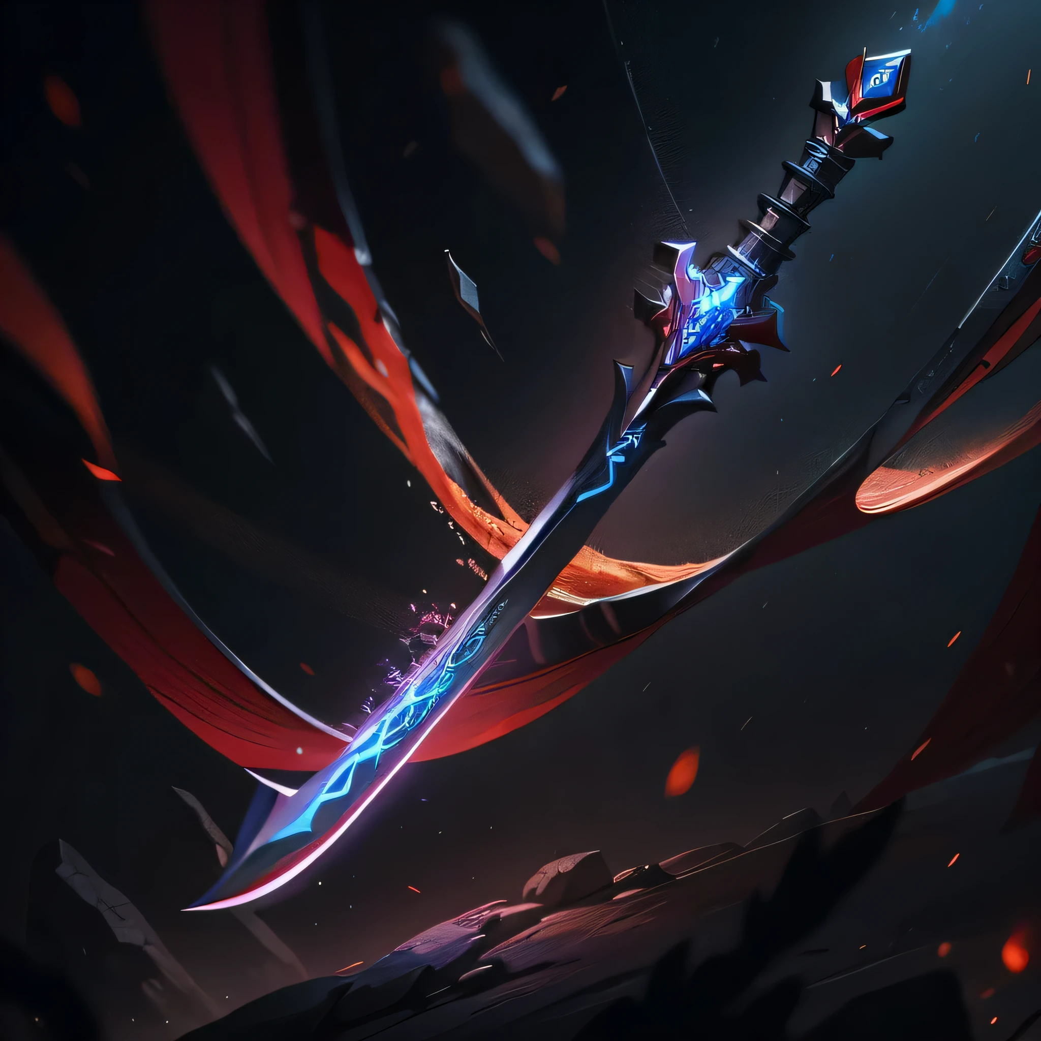 Close up of dark red handle knife on black background,dark red，fantasy sword, holographic blade!, magic sword, beautiful sword, Fantasy Blade, war blade weapons, Ghost knife style, fantasy sword of warrior,  shining sword, Great sword, Magic Sword, fantasy weapons, sword design, Armored Blade