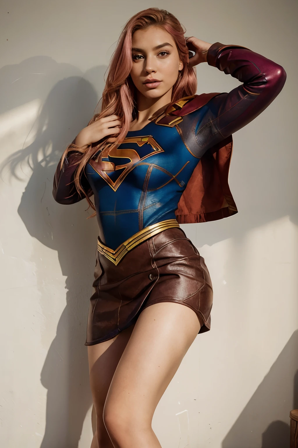 Photo realistic portrait of an attractive woman with all pink hair, slightly discolored roots, Spanish, influencer, light freckles, lips, detailed, prominent eyebrows that make a harmony with her face, nose, defined the brightness of her eyes, brown, high cheekbones , defined face, without makeup. ((Supergirl, magnificent, full body)), dynamic, very detailed, perfect composition, ))