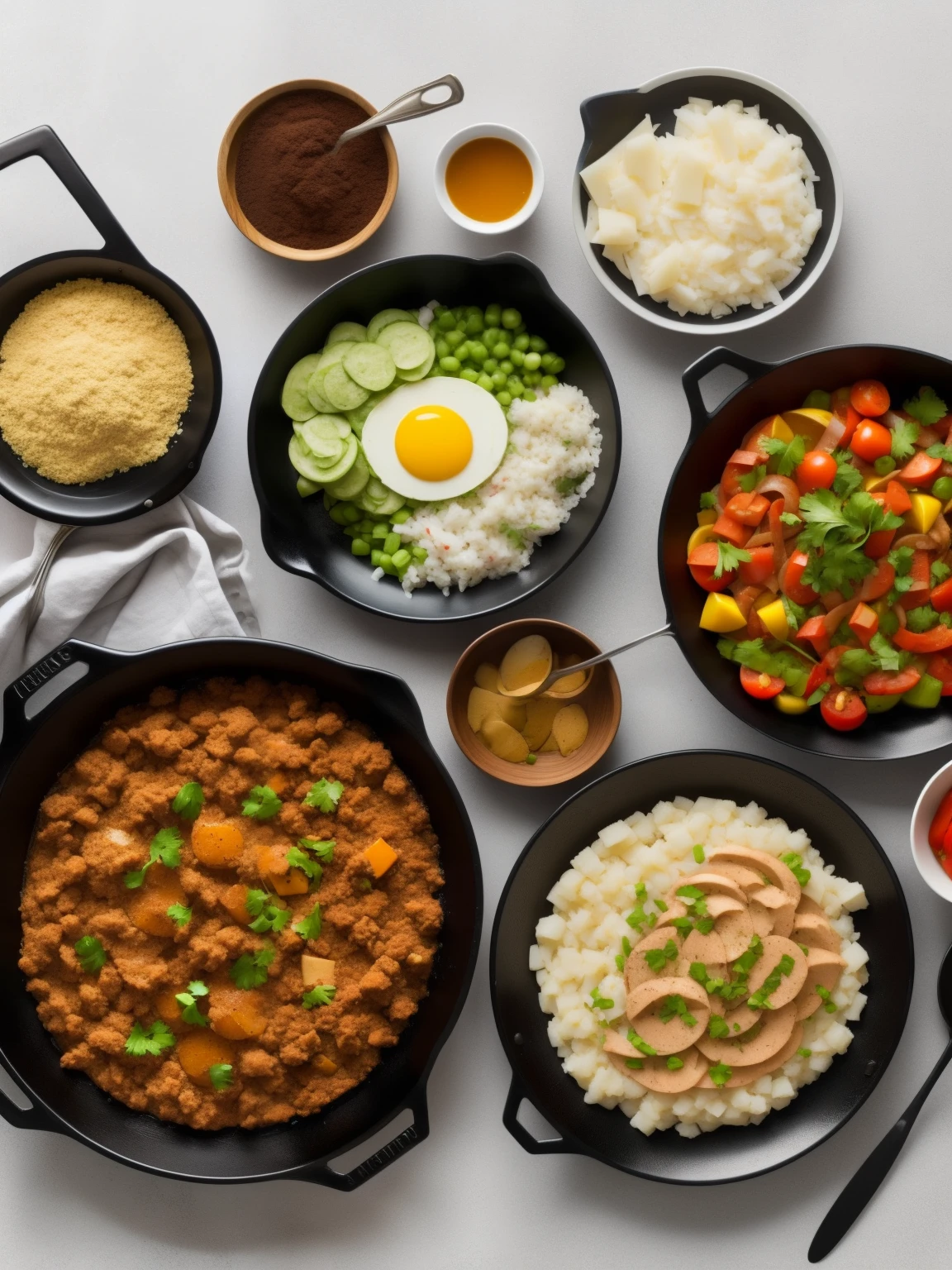 there are three pots of food on the stove, Aspic, 1614572159, cooking, ensopado, 3 delight, salsichas, Comida polonesa, Ingredientes na mesa, inspired by Géza Dósa, Panela, Esticar, pronto para comer, fervente, lost wax cast iron