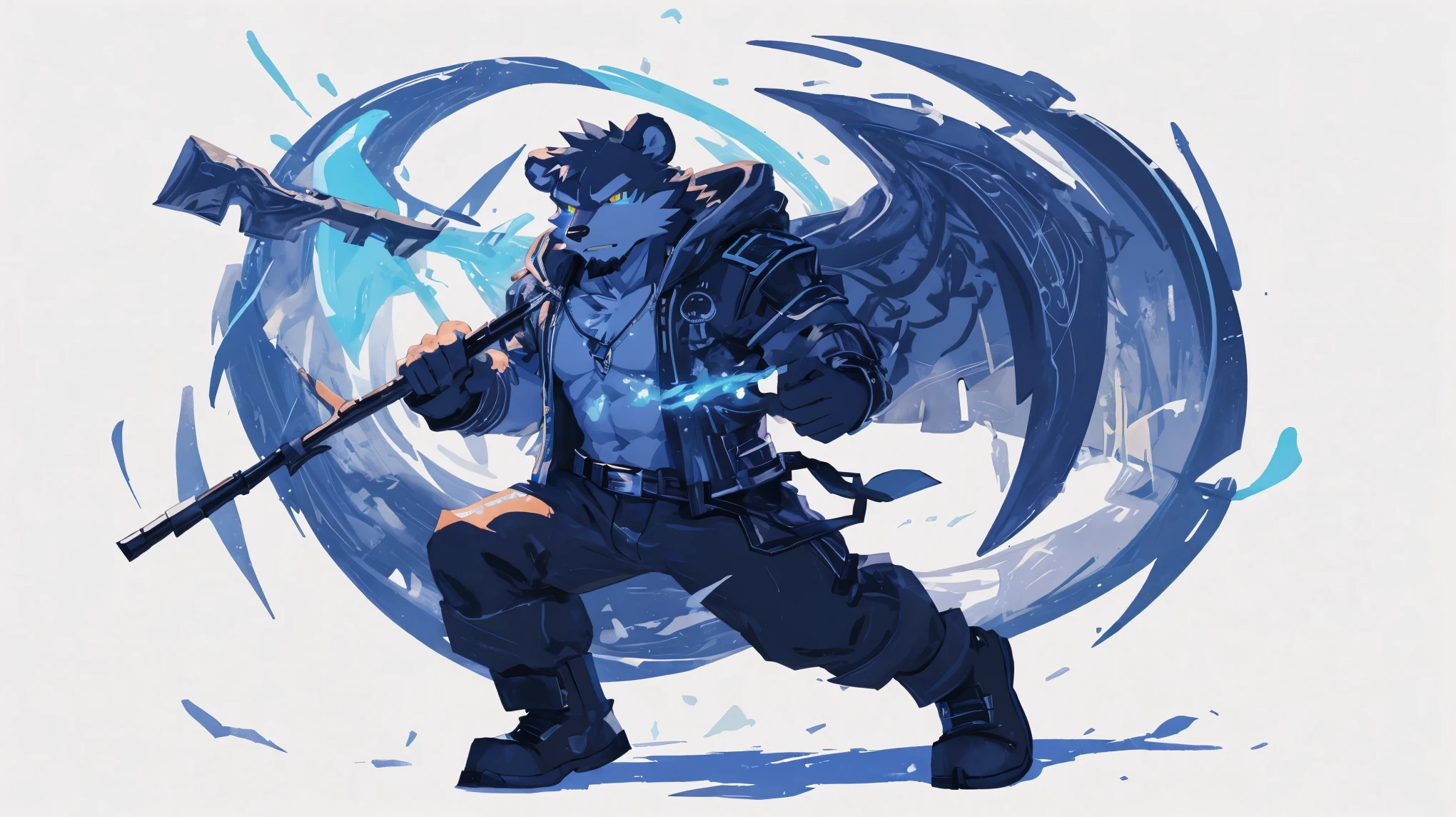 (masterpiece:1.2), best quality,pixiv,official art,perfect ???????, (Ray tracing, light),solo, (1_male:1.3) , (muscle), (dark fur:1.4), (dynamic poses:1.6), (ultra deTailed), sharp focus, Negi, eyes, (glowing cyan eyes), hairy, (Gray fur:1.4),(muscle bear), (beard:1.2), Tail, Thick eyebrows,open hoodie, naked inside, cargo shorts, boots, ultra deTailed face, high deTails, high quality, (best quality,4K,8K,high resolution,masterpiece:1.2),bright colors, jumping , reach hand, (white background:1.3), (light flow:1.2)