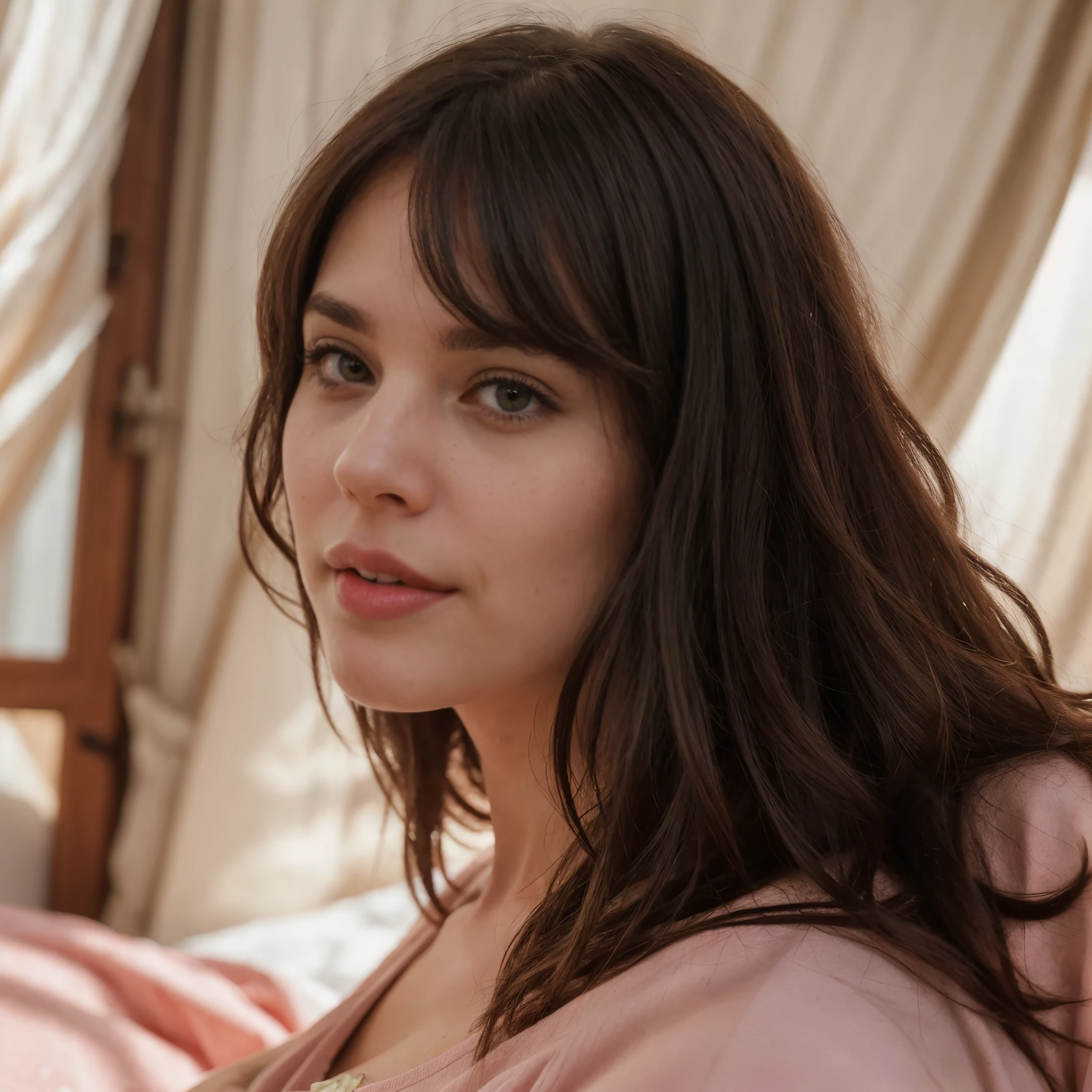 One woman of about 20 years old, black long hair, body measurement 36-25-36, height 5'7", Hazel eyes, lying in bed wearing a pink shirt, close up, with bangs, candid, Full Body full height Shooting, Masterpiece, mobile Photography, daylight, 8k, Top Quality, Photorealistic, Ultra Detailed, (high skin detail:1.2), sharp focus, candid capture