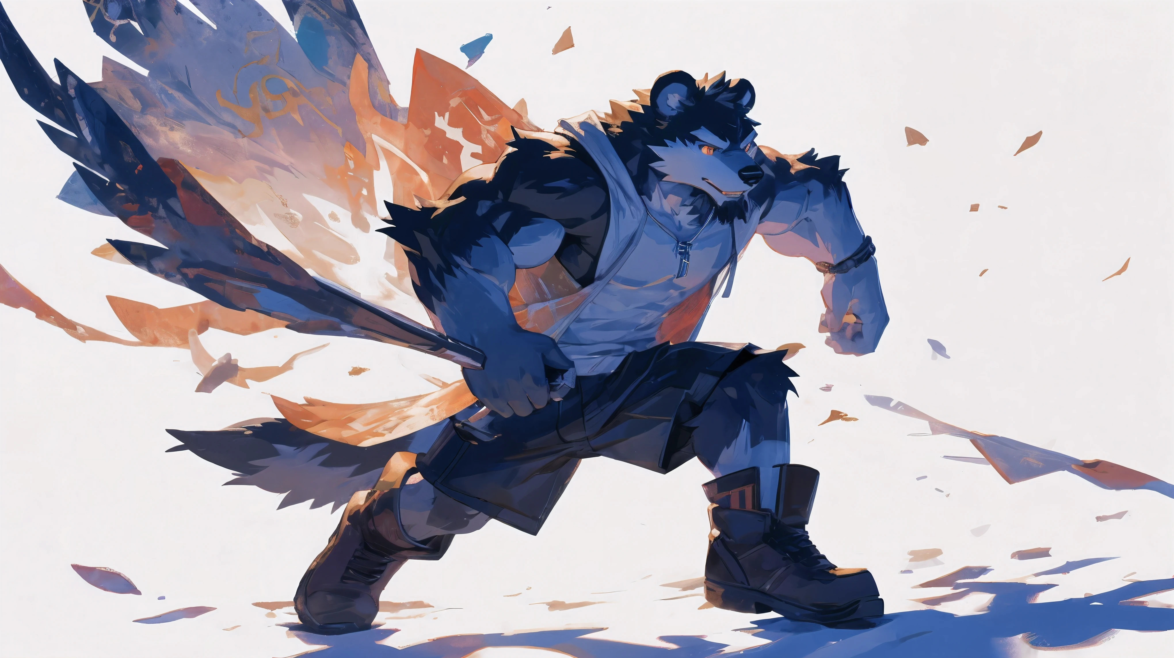 (masterpiece:1.2), best quality,pixiv,official art,perfect anatomy, (Ray tracing, light),solo, (1_male:1.3) , (muscle), (dark fur:1.4), (dynamic poses:1.6), (ultra deTailed), sharp focus, Negi, eyes, (glowing cyan eyes), hairy, (Gray fur:1.4),(muscle bear), (beard:1.2), Tail, Thick eyebrows,open hoodie, naked inside, cargo shorts, boots, ultra deTailed face, high deTails, high quality, (best quality,4K,8K,high resolution,masterpiece:1.2),bright colors, jumping , reach hand, (white background:1.3), (light flow:1.3)