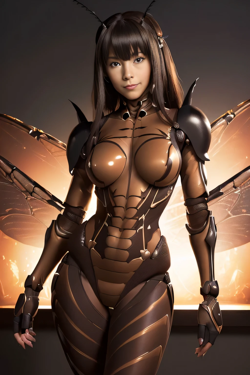 (high resolution,masterpiece,best quality,extremely detailed CG, anime, official art:1.4), realistic, photo, amazing fine details, all intricate, gloss and shiny,awesome many layers, 8k wall paper, 3d, sketch, kawaii, illustration,( solo:1.4), perfect female proportion,villainess, (fusion of dark brown cockroach and lady:1.4), (brown cockroach form lady:1.2), (brown cockroach lady:1.2), (fusion:1.2), (solo:1.4), (evil smile:1.2), muscular, abs, (cockroach brown exoskeleton bio insect suit:1.4), (cockroach brown exoskeleton bio insect armor:1.2), (brown transparency cockroach wing:1.4), (brown cockroach antennae:1.3),