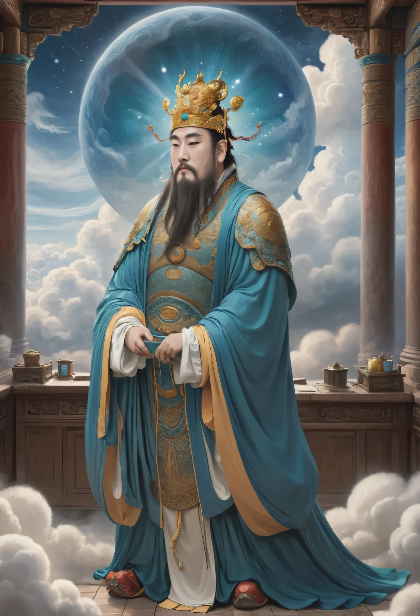 (masterpiece, best quality:1.2), yongle_style,1man,cloud,celestial crown,animated