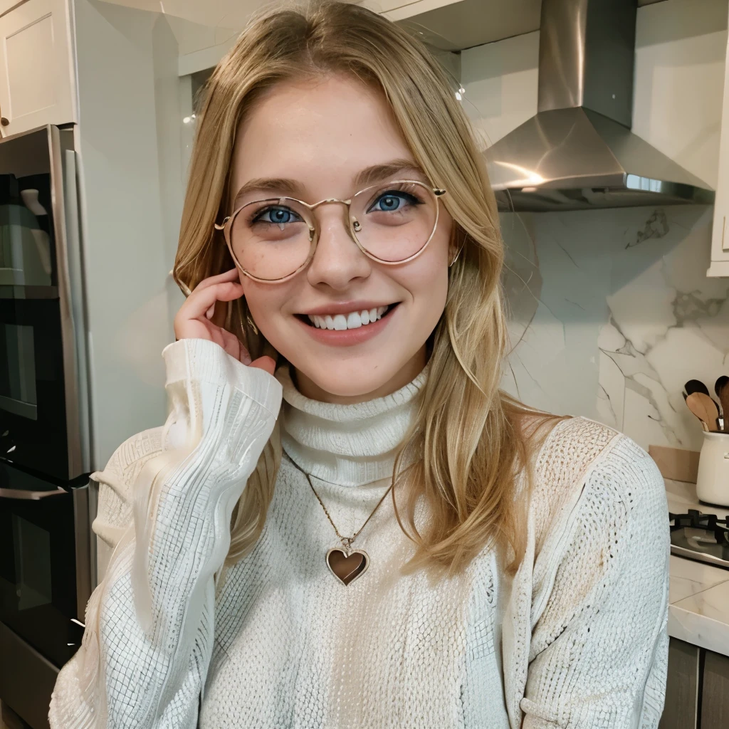 Blonde girl, 23 years old, blue eyes, freckles, American, heart shaped face, laughing, wedding ring, kitchen, turtleneck, thin eyeliner, thin glasses