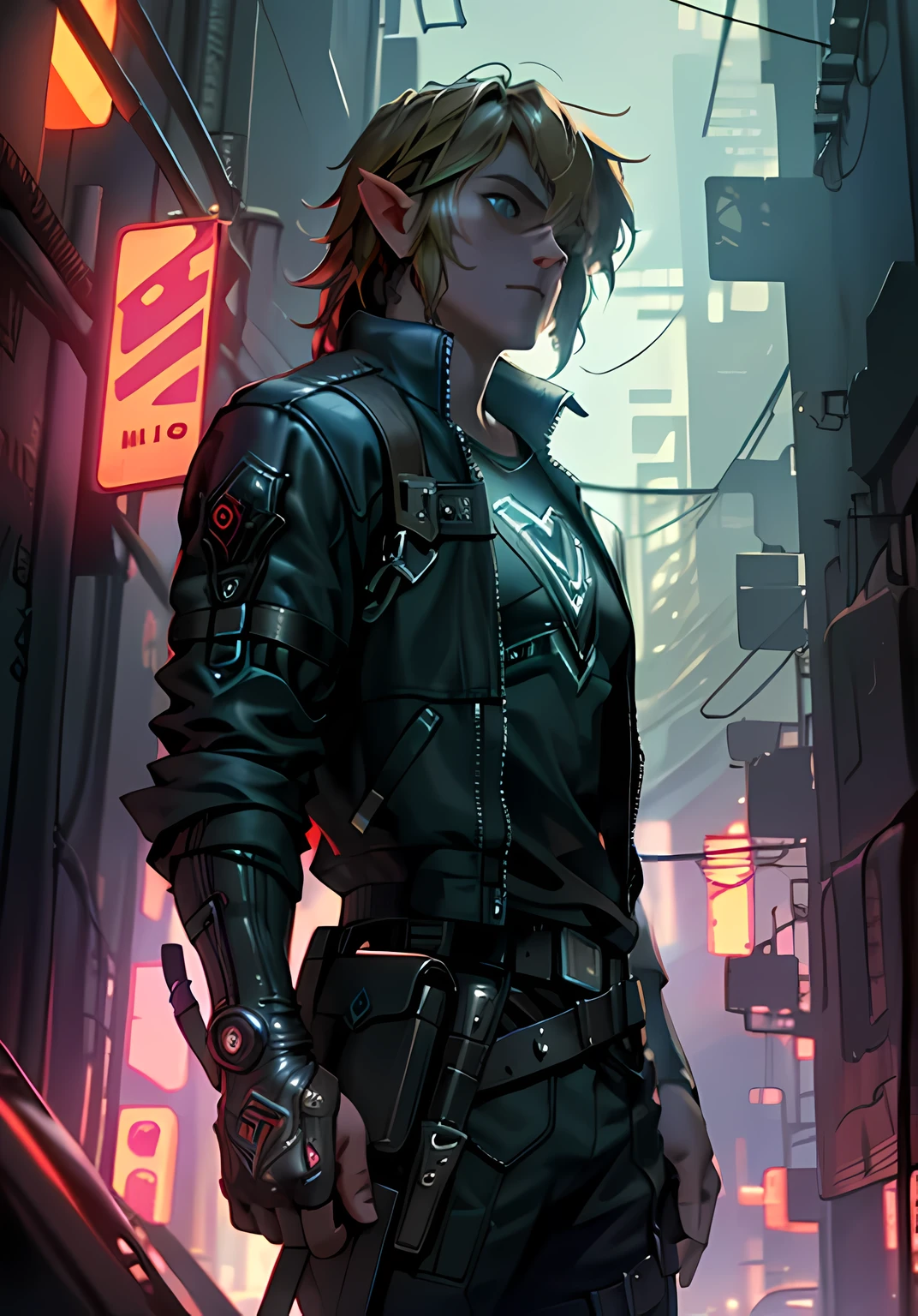 ultra detail, A high resolution, ultra detailed, Best quality, amazing, top quality, extremely detailed CG 8k wallpaper block, cinematic lighting, Zelda cyberpunk link, cyberpunk, dark boy