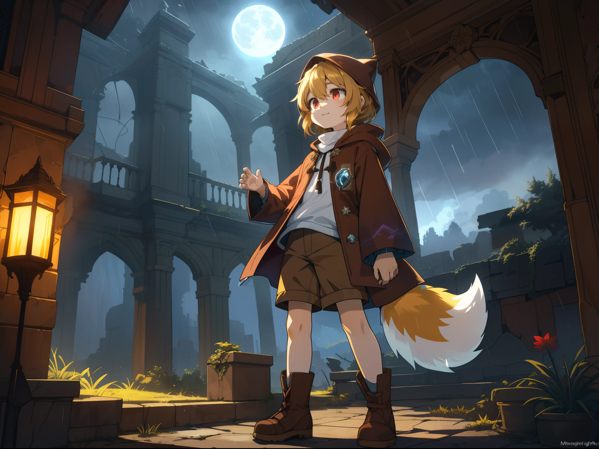 Shota the fox,hairy pubic,shaggy,Skin fur,Golden fur,Golden yellow face fur,Short straight blonde hair,Eyes have light,Red eyes,Brown elements on fur,Brown coat brown hood up,Star pattern white top,brown shorts,Beautiful lights and shadows,Ambient light,Ultra-fine fur,volumettic light,natural lightting,Fluffy tail,Dilapidated building,Plant elements in ruins,lichen,There is no other life,Night,starrysky,Vast landscape,crossed bangs, Hairline, Shiny hair, lone nape hair, ,Dilated pupils,Sleepy,(moon full:1.2),(meteors:0.9),(Starcloud:1.3)(Warm light source:1.2),Rained,wetclothes, (overcast sky, Standing downpour:1.1), Extra-long sleeves, Purple and orange,Complicated details,Volumetriclighting,Realist breakthrough(tmasterpiece:1.2)(best qualtiy),4K,Ultra-delicate,(Dynamic configuration:1.4),Highly detailed and colorful details,(Irridescent color :1.2),(luminouslighting,Atmospheric lighting),dream magical,magic,(solo:1.2)Glowing light,Empty eyes