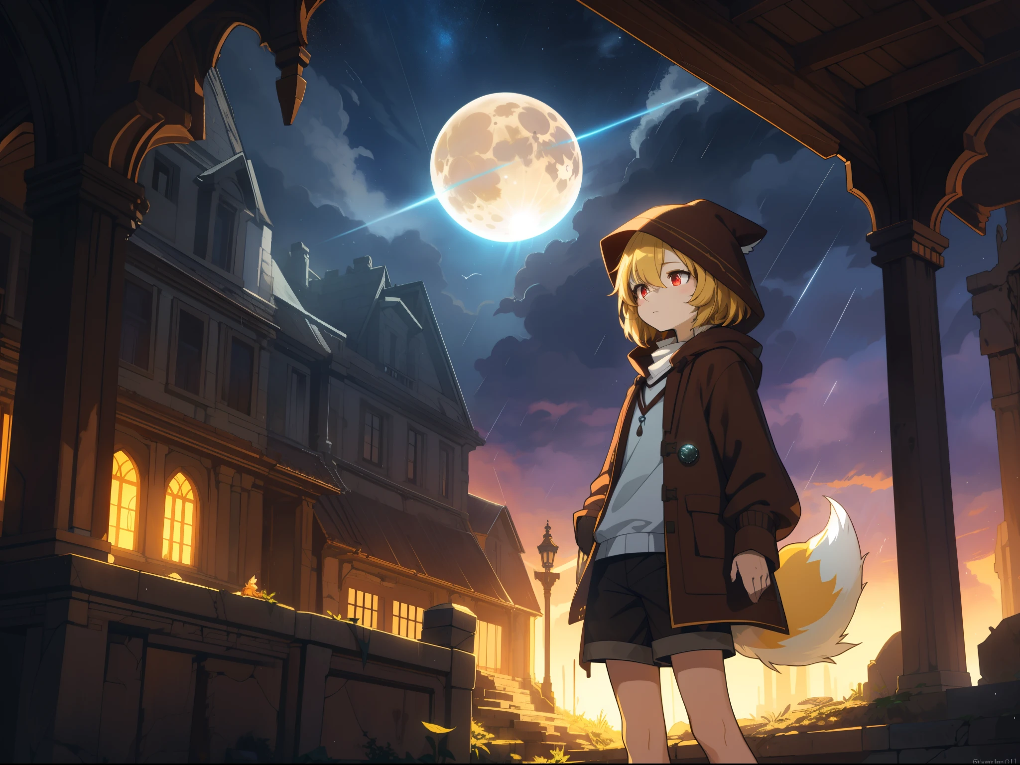 Shota the fox,hairy pubic,shaggy,Skin fur,Golden fur,Golden yellow face fur,Short straight blonde hair,Eyes have light,Red eyes,Brown elements on fur,Brown coat brown hood up,Star pattern white top,brown shorts,Beautiful lights and shadows,Ambient light,Ultra-fine fur,volumettic light,natural lightting,Fluffy tail,Dilapidated building,Plant elements in ruins,lichen,There is no other life,Night,starrysky,Vast landscape,crossed bangs, Hairline, Shiny hair, lone nape hair, ,Dilated pupils,Sleepy,(moon full:1.2),(meteors:0.9),(Starcloud:1.3)(Warm light source:1.2),Rained,wetclothes, (overcast sky, Standing downpour:1.1), Extra-long sleeves, Purple and orange,Complicated details,Volumetriclighting,Realist breakthrough(tmasterpiece:1.2)(best qualtiy),4K,Ultra-delicate,(Dynamic configuration:1.4),Highly detailed and colorful details,(Irridescent color :1.2),(luminouslighting,Atmospheric lighting),dream magical,magic,(solo:1.2)Glowing light,Empty eyes