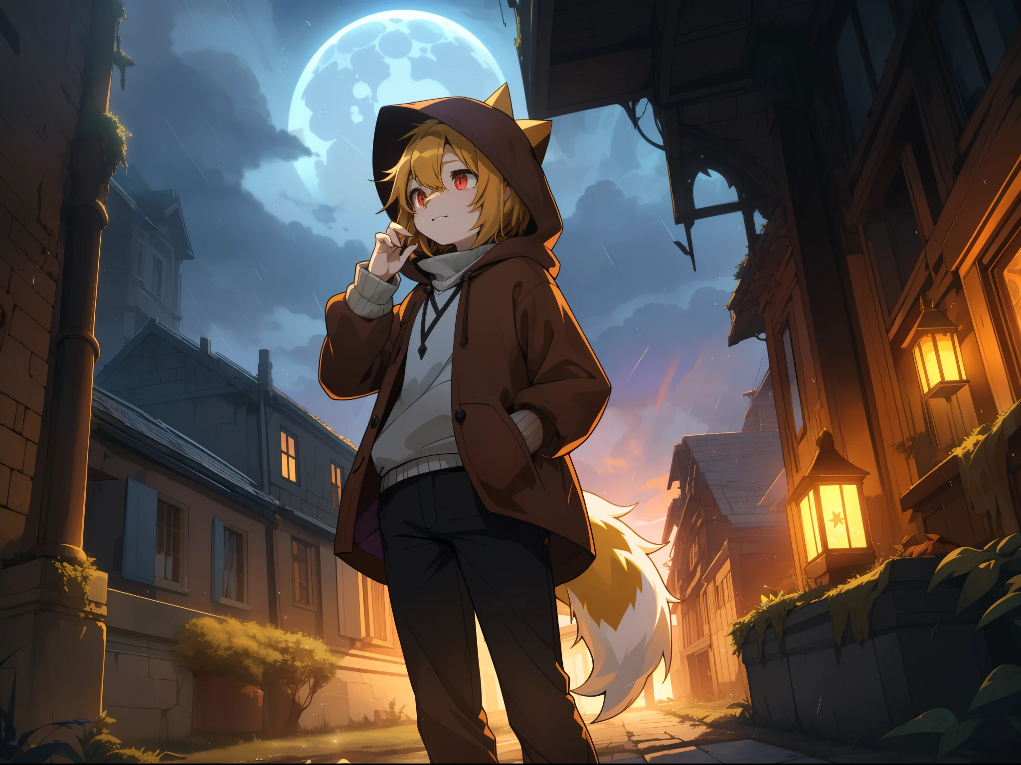 Shota the fox,hairy pubic,shaggy,Skin fur,Golden fur,Golden yellow face fur,Short straight blonde hair,Eyes have light,Red eyes,Brown elements on fur,Brown coat brown hood up,Star pattern white top,brown shorts,Beautiful lights and shadows,Ambient light,Ultra-fine fur,volumettic light,natural lightting,Fluffy tail,Dilapidated building,Plant elements in ruins,lichen,There is no other life,Night,starrysky,Vast landscape,crossed bangs, Hairline, Shiny hair, lone nape hair, ,Dilated pupils,Sleepy,(moon full:1.2),(meteors:0.9),(Starcloud:1.3)(Warm light source:1.2),Rained,wetclothes, (overcast sky, Standing downpour:1.1), Extra-long sleeves, Purple and orange,Complicated details,Volumetriclighting,Realist breakthrough(tmasterpiece:1.2)(best qualtiy),4K,Ultra-delicate,(Dynamic configuration:1.4),Highly detailed and colorful details,(Irridescent color :1.2),(luminouslighting,Atmospheric lighting),dream magical,magic,(solo:1.2)Glowing light,Empty eyes