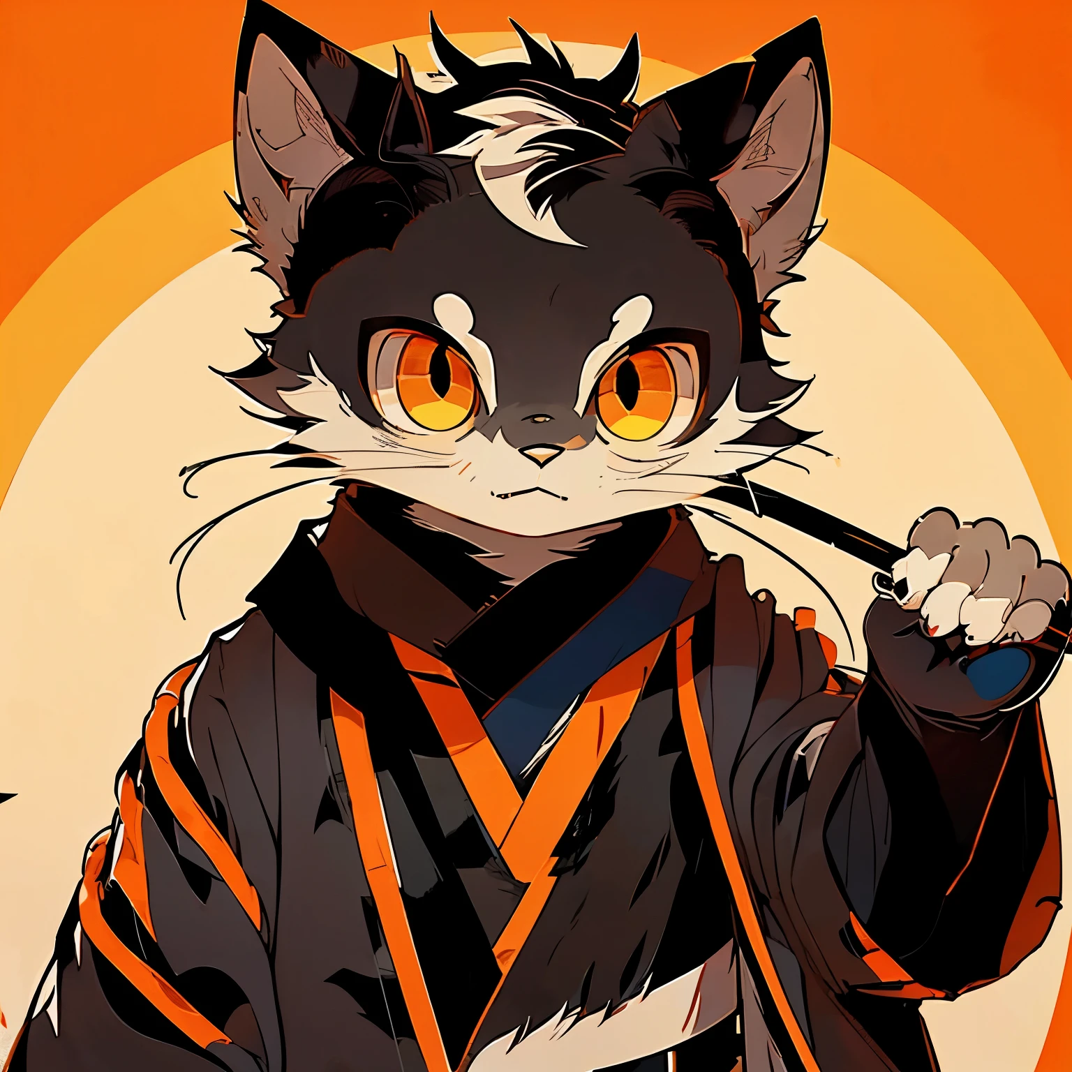 master piece, top-quality,best qualityer,4k, highly detailed, rzminjourney,vectorial art,High quality illustrationtiz,tmasterpiece)(komono,furry anthro),black cat, orange eyes, sharp theet,orange background,samurai,robe, ronin, Super detailed illustration,solo person