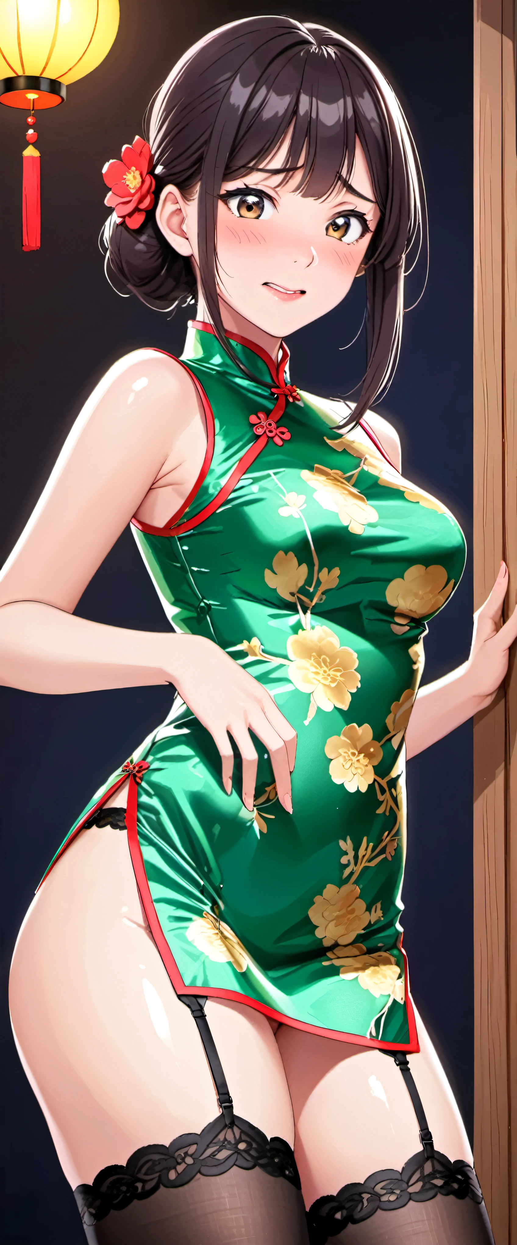 High resolution, adult woman , good lighting, despicable, , (No nudity), (((shiny cheongsam))),(garter belt),cute face, I&#39;m embarrassed and blush, humiliating, (()),