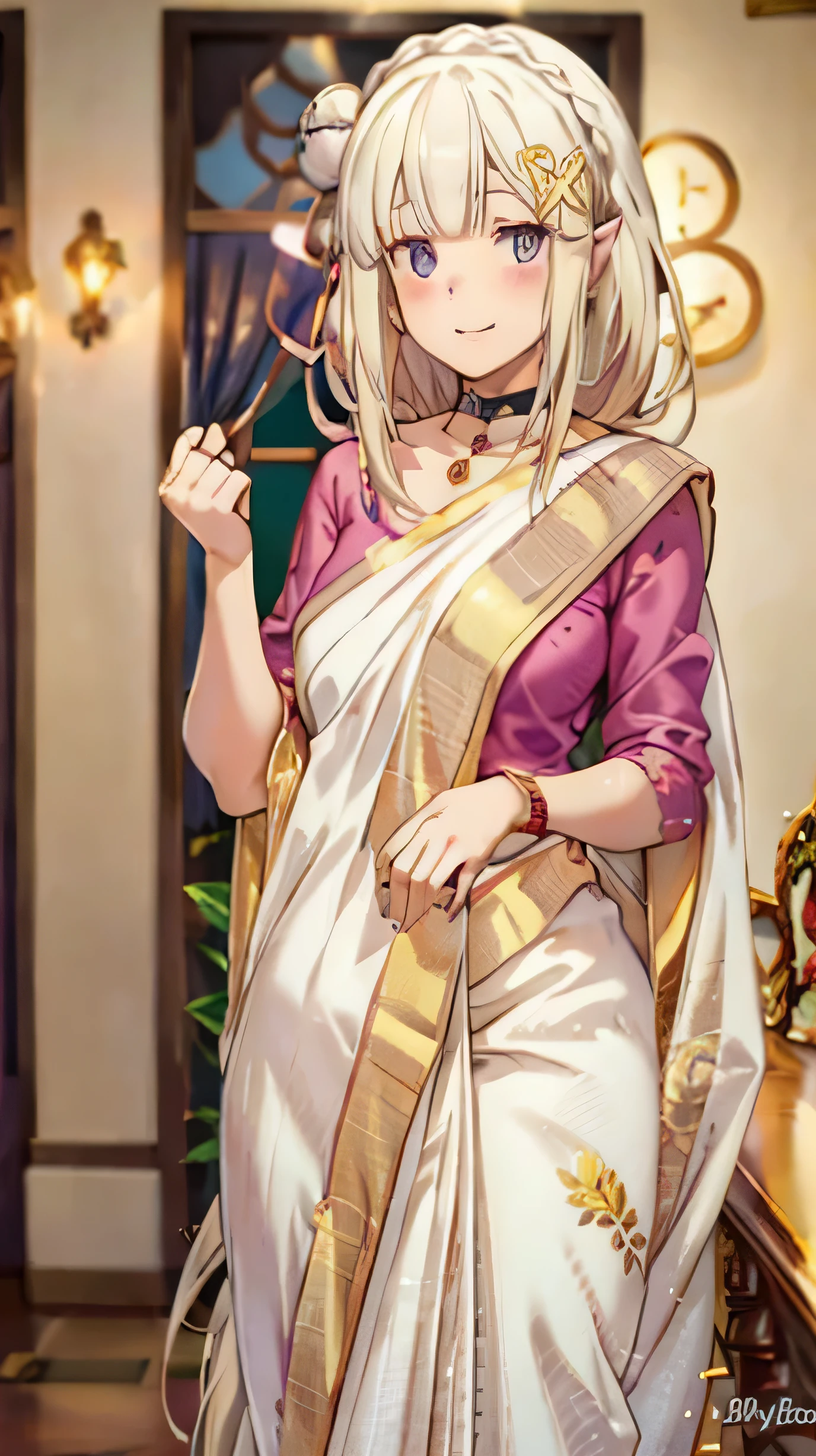 emilia \(re:zero\),1girl, solo, long hair, breasts, looking at viewer, blush, bangs, hair ornament, ribbon, very long hair, deep purple eyes, collarbone, hair ribbon, braid, white hair, barefoot, choker, pointy ears, hair flower, blunt bangs, cameltoe, wariza, x hair ornament, top quality, beautiful detailed girl, beautiful smile, beautiful lips, gigantic, blonde hair, saree, red-gold saree, smile, wavy hair, slim hips, highly detailed eyes and face, beautiful detailed purple-dark eyes, high resolution, 8k wallpaper, fine details, highly detailed ticker uniform 8k wallpaper, light on face, movie lighting, (photorealism: 1.4), Super detail, fixed hands, detailed fingers, detailed fingers of hands