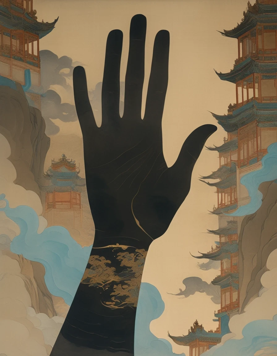 in style of Edmund Dulac，Giant hand in black with gold trim reaching down vertically from the sky, with Dunhuang frescoes in the background, minimalist, line art, changing from front and center to ghostly smoke, transitioning from solid to ghostly, wise and powerful yet calm, rich in detail, psychedelic, dreamy, theatrical, Chinese ancient style, painting style, ink painting, fantasy, surreal, ethereal