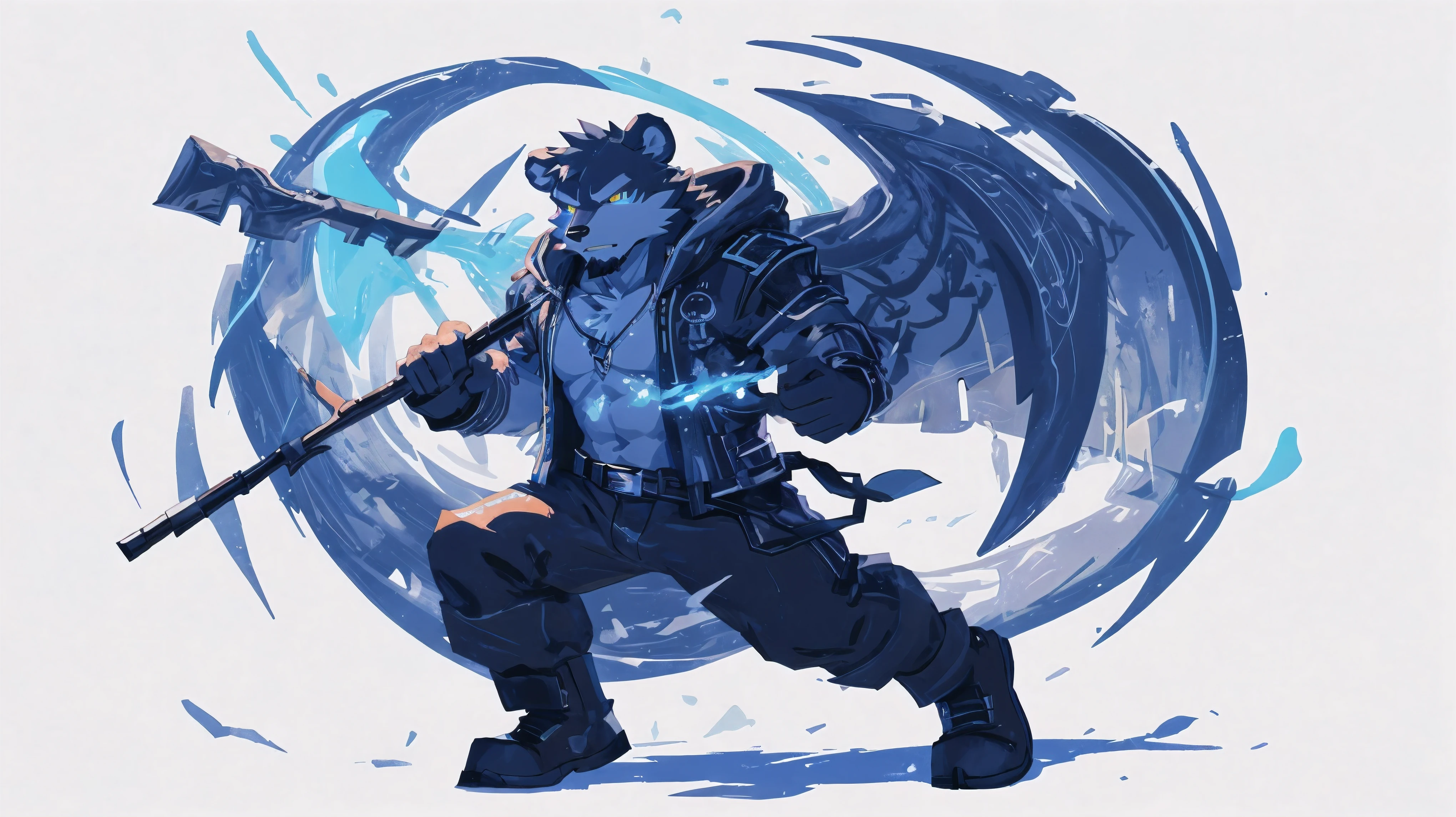 (masterpiece:1.2), best quality,pixiv,official art,perfect anatomy, (Ray tracing, light),solo, (1_male:1.3) , (muscle), (dark fur:1.4), (dynamic poses:1.6), (ultra deTailed), sharp focus, Negi, eyes, (glowing cyan eyes), hairy, (Gray fur:1.4),(muscle bear), (beard:1.2), Tail, Thick eyebrows,open hoodie, naked inside, cargo shorts, boots, ultra deTailed face, high deTails, high quality, (best quality,4K,8K,high resolution,masterpiece:1.2),bright colors, jumping , reach hand, (white background:1.3), (light flow:1.2)