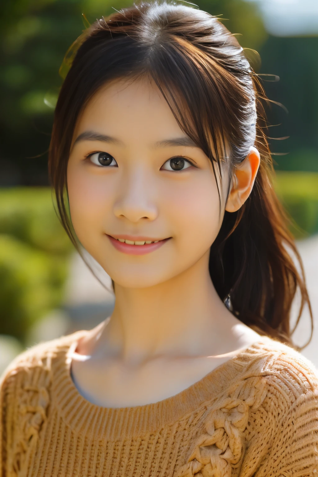 highest quality, masterpiece), (beautiful 12 year old japanese girl), (freckles:0.6), soft light, ponytail, Focus on your eyes, (detailed face)