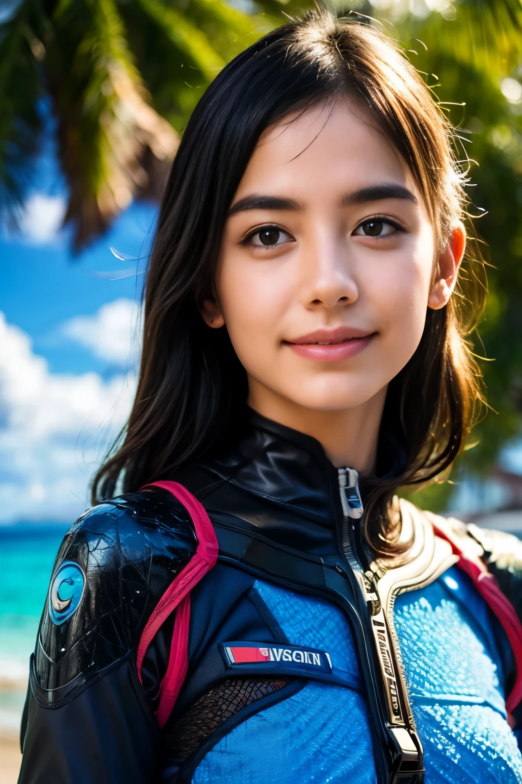 (best quality,4k,8k,highres,masterpiece:1.2),ultra-detailed,(realistic,photorealistic,photo-realistic:1.37),（1 beautiful 17-year-old girl wearing diving suit:1.5), (the diving suit is designed futuristic and hyper detailed:1.5), (A full-body wetsuit that fits snugly:1.6), on the sandy beach. laughing happily,

Medium: Illustration, Photography, focus on upper body,

Art style: Portraits, Landscape, Concept Artists

Color tone: Vibrant and vivid colors, emphasizing the beauty of the ocean and the beach.

Lighting: Soft sunlight casting warm and gentle rays over the scene, creating a dreamy and enchanting atmosphere.(NSFW:1.1)            
                                                                                                                                                                                                                         Additional details: Crystal clear turquoise water, white sandy beach, palm trees swaying in the background, blue sky with fluffy clouds, capturing joyful and excited expression