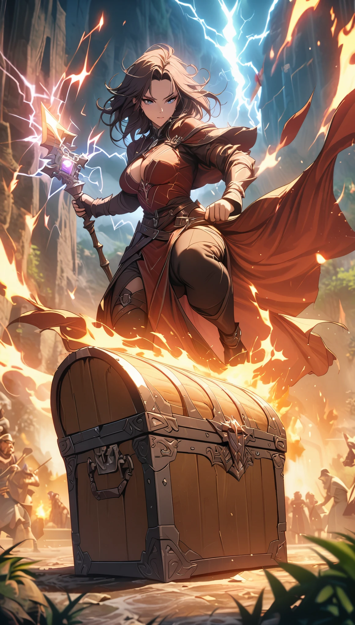world of dungeons and dragons,Grand scene,Epic graphics,warrior,mage,Priest,Fight the dragon guarding the treasure chest,Gorgeous magic,majestic holy light,fire light,lightning,8k,Rich details,masterpiece,precise