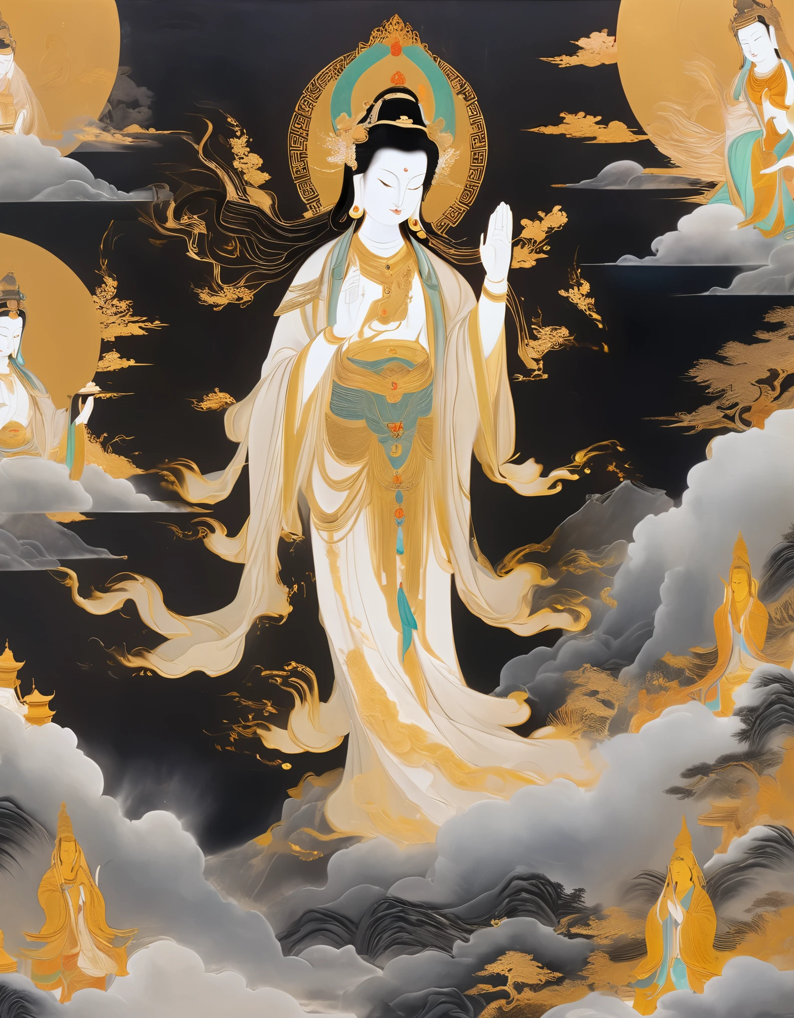in style of Jasmine Becket-GriffithGiant hand in black with gold trim reaching down vertically from the sky, Dunhuang frescoes in the background, transparent Guanyin Bodhisattva, minimalism, line art, from front and center to ghostly smoke, transition from solid to ghostly, wise and powerful yet calm, richly detailed, psychedelic, dreamy, theatrical, ancient Chinese style, painterly style, ink painting, fantasy, surreal, ethereal
