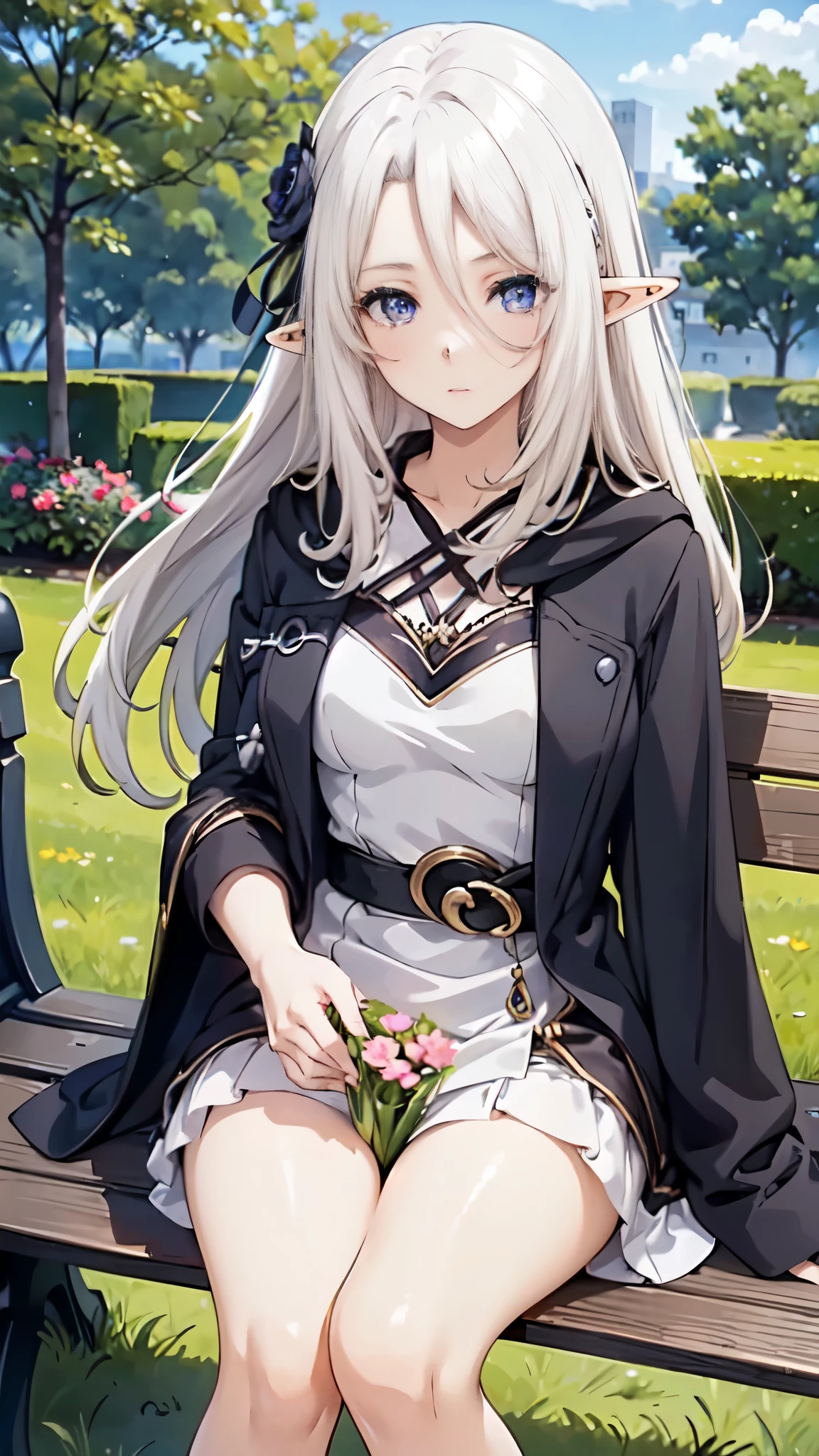 A girl with a perfect face and detailed features, including beautiful eyes, detailed lips, and long eyelashes, in an anime style. She is an elf girl sitting on a park bench in a flower garden, looking directly at the viewer. The image should be of the highest quality, with ultra-detailed and realistic rendering. The overall color tone should be vibrant and vivid, with a focus on the girl and the surrounding flowers. The lighting should highlight the girl's face and add depth to the garden scene.