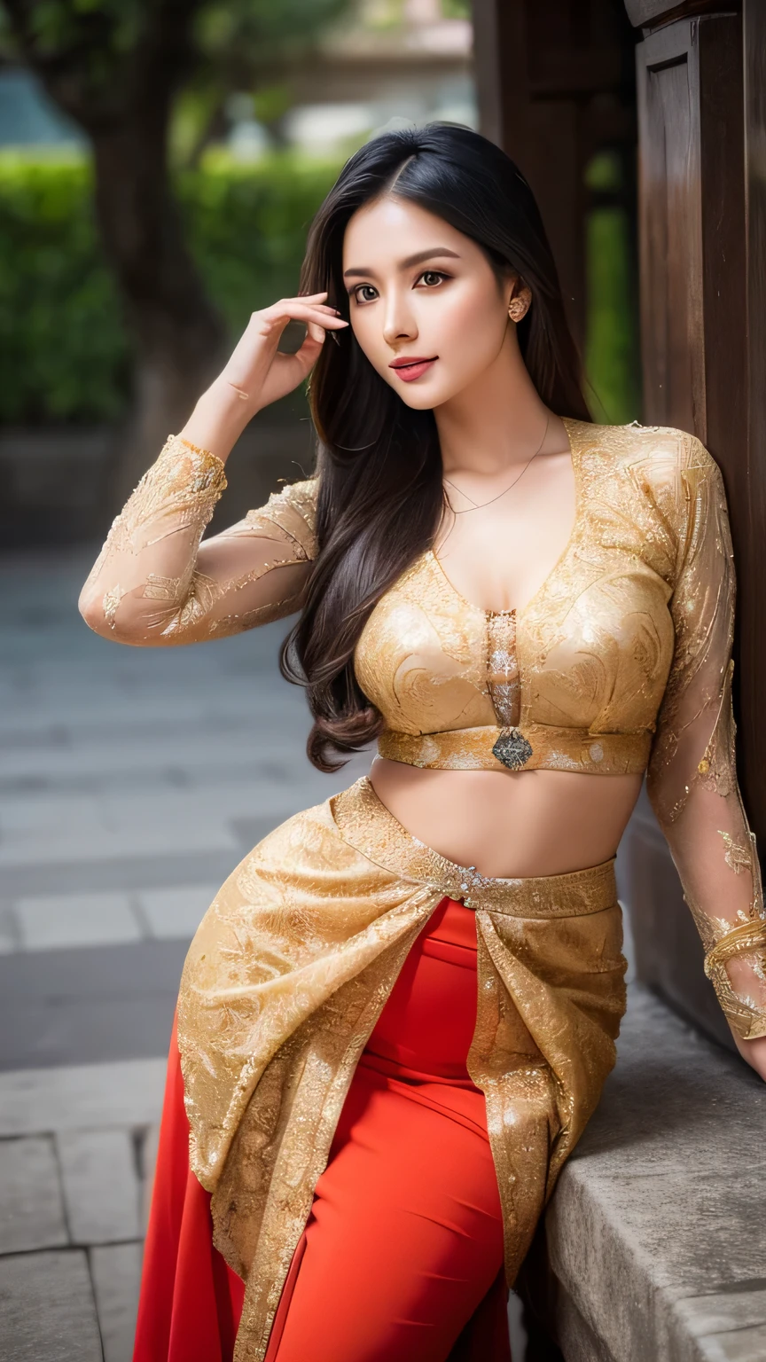 masterpiece, ultra realistic,32k,intricate details, sharp focus, realistic, closed, seductive pose, black eyes, jewelr, lips, realistic, looking_at_viewer, irene1, wet skin, shiny skin, long sleeves, indonesian clothes, bali, balinese, cityscape, dynamic pose, red kebaya,full body,busty body,curvy body,long hair,beauty face,cowboy shot