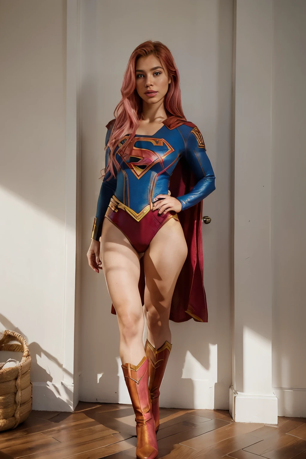 Photo realistic portrait of an attractive woman with all pink hair, slightly discolored roots, Spanish, influencer, light freckles, lips, detailed, prominent eyebrows that make a harmony with her face, nose, defined the brightness of her eyes, brown, high cheekbones , defined face, without makeup.((Supergirl, magnificent, full body)), dynamic, very detailed, perfect, ))