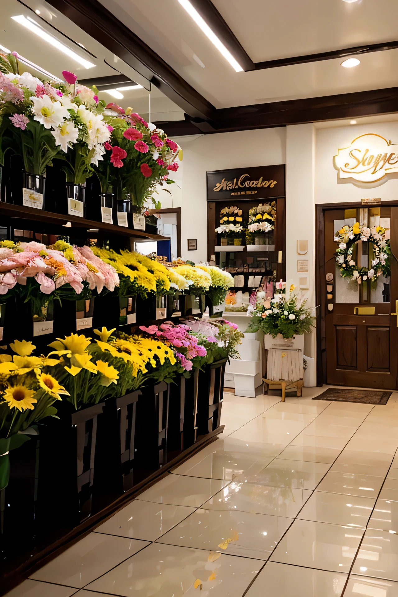 Create an image: a welcoming and attractive flower shop with a variety of fresh flowers, friendly staff and customers, happy to buy their favorite flowers. The color scheme should be bright and attractive, reflecting the natural beauty of flowers. Style can be realistic