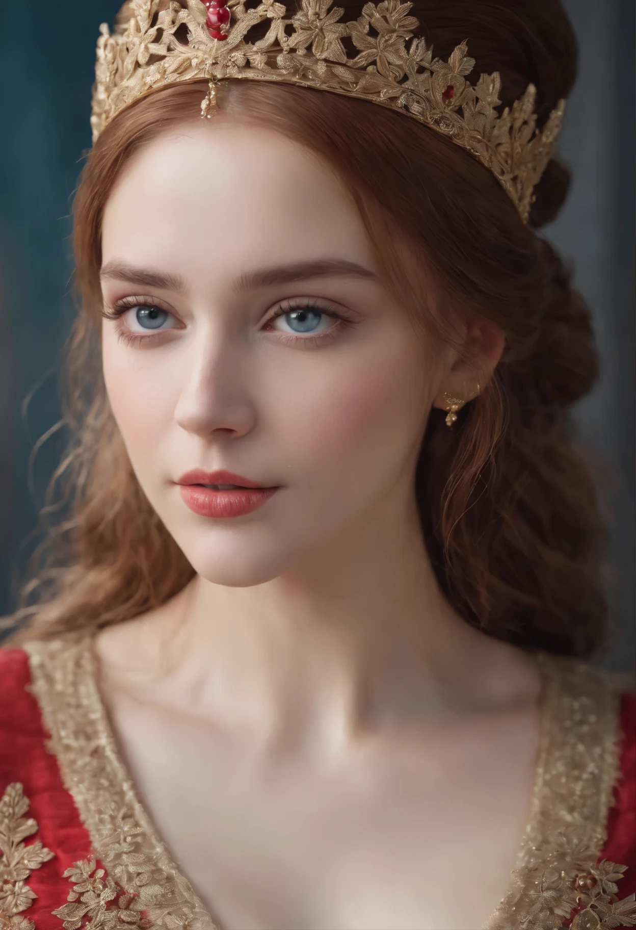 (best quality,highres,masterpiece:1.2),ultra-detailed,realistic,portraits,red(lurid) hair,golden royal crown with intricate embroidery, elegantly tied back with delicate flower hair clips, hair styled in a ponytail, fair skin, blue eyes, graceful sidelong glance