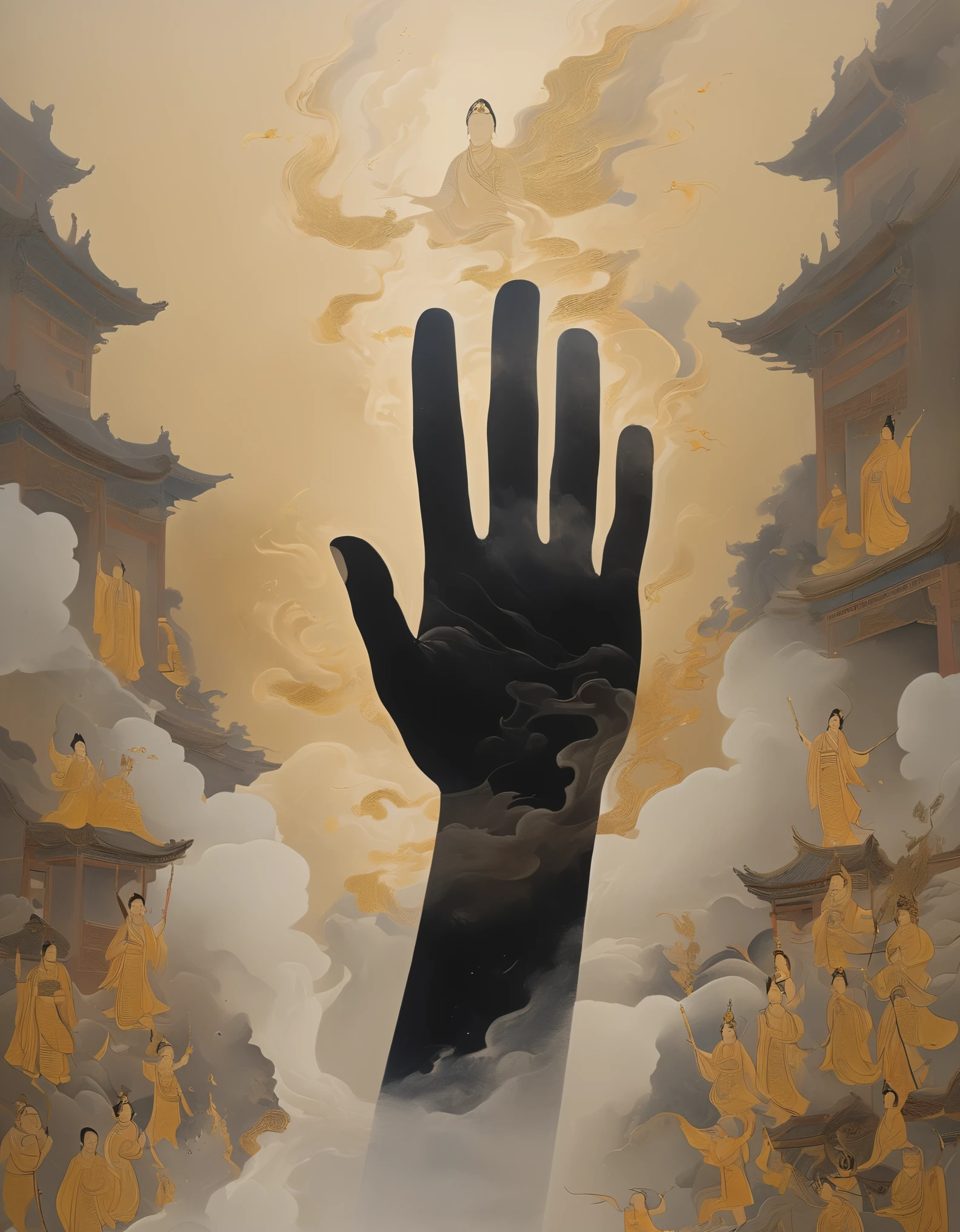 in style of Bada Shanren,Giant hand in black with gold trim reaching down vertically from the sky, with Dunhuang frescoes in the background, minimalist, line art, changing from front and center to ghostly smoke, transitioning from solid to ghostly, wise and powerful yet calm, rich in detail, psychedelic, dreamy, theatrical, Chinese ancient style, painting style, ink painting, fantasy, surreal, ethereal