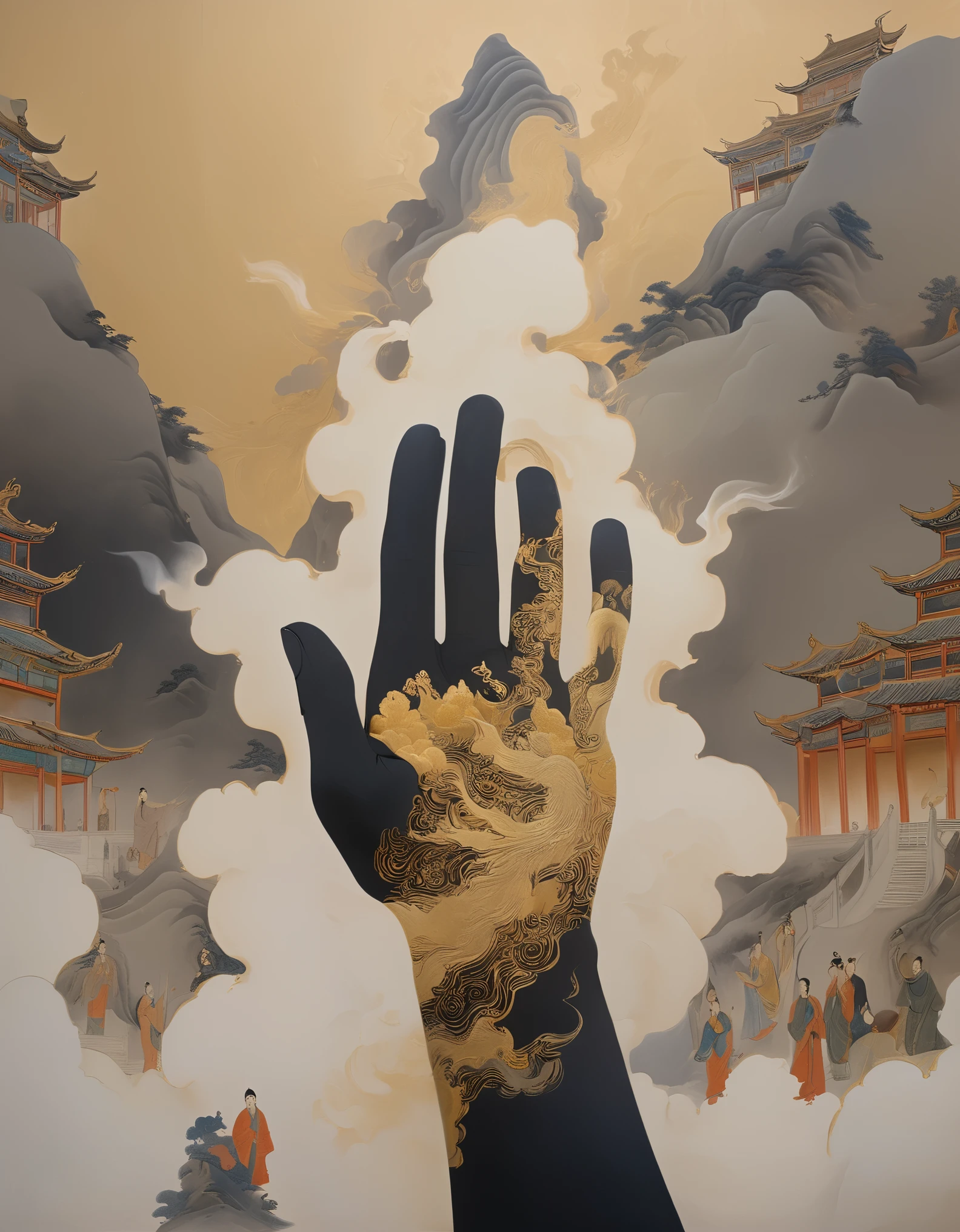 in style of Bada Shanren，Giant hand in black with gold trim reaching down vertically from the sky, with Dunhuang frescoes in the background, minimalist, line art, changing from front and center to ghostly smoke, transitioning from solid to ghostly, wise and powerful yet calm, rich in detail, psychedelic, dreamy, theatrical, Chinese ancient style, painting style, ink painting, fantasy, surreal, ethereal